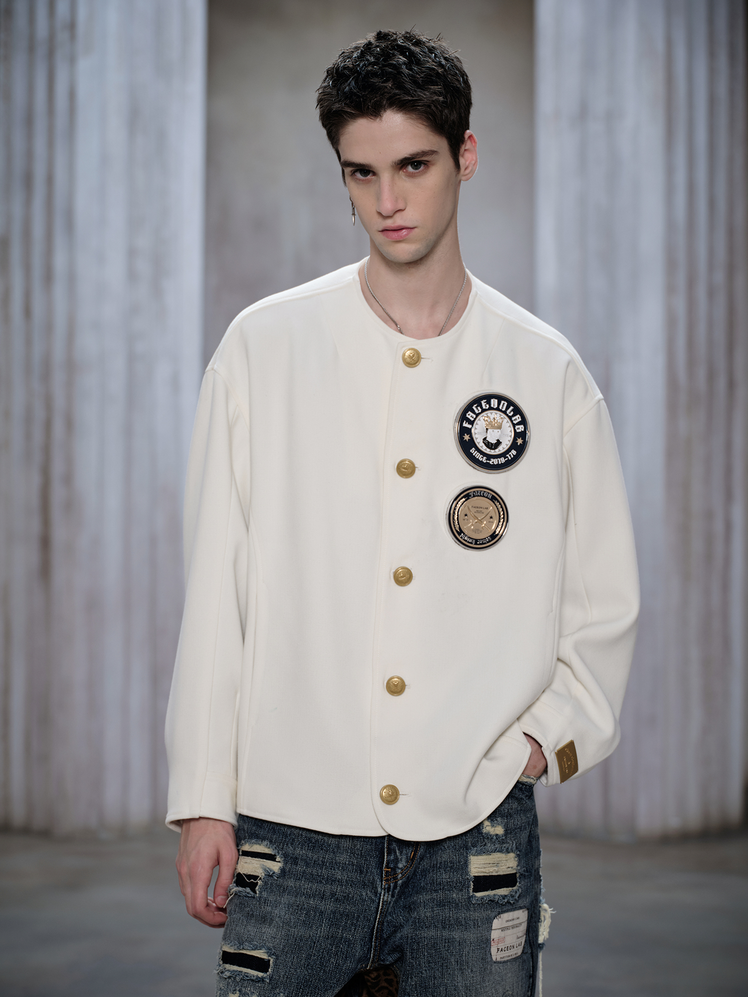 FACEONLAB Badge-Patch Crew-Neck Oversized Jacket