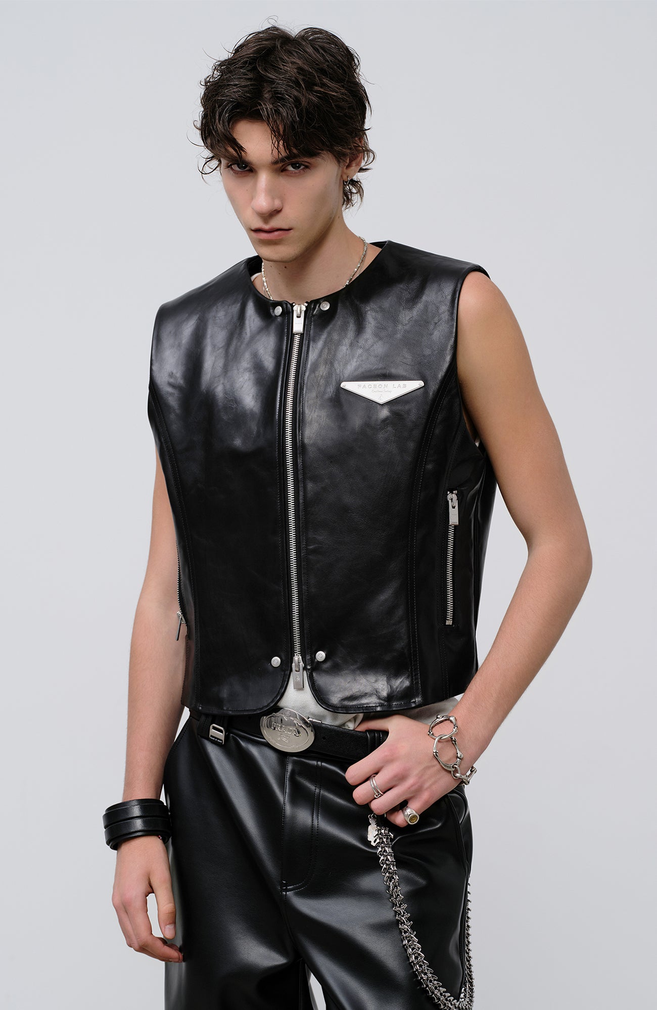 FACEONLAB Reversible Moto Leather Vest Black, premium urban and streetwear designers apparel on PROJECTISR.com, FACEONLAB