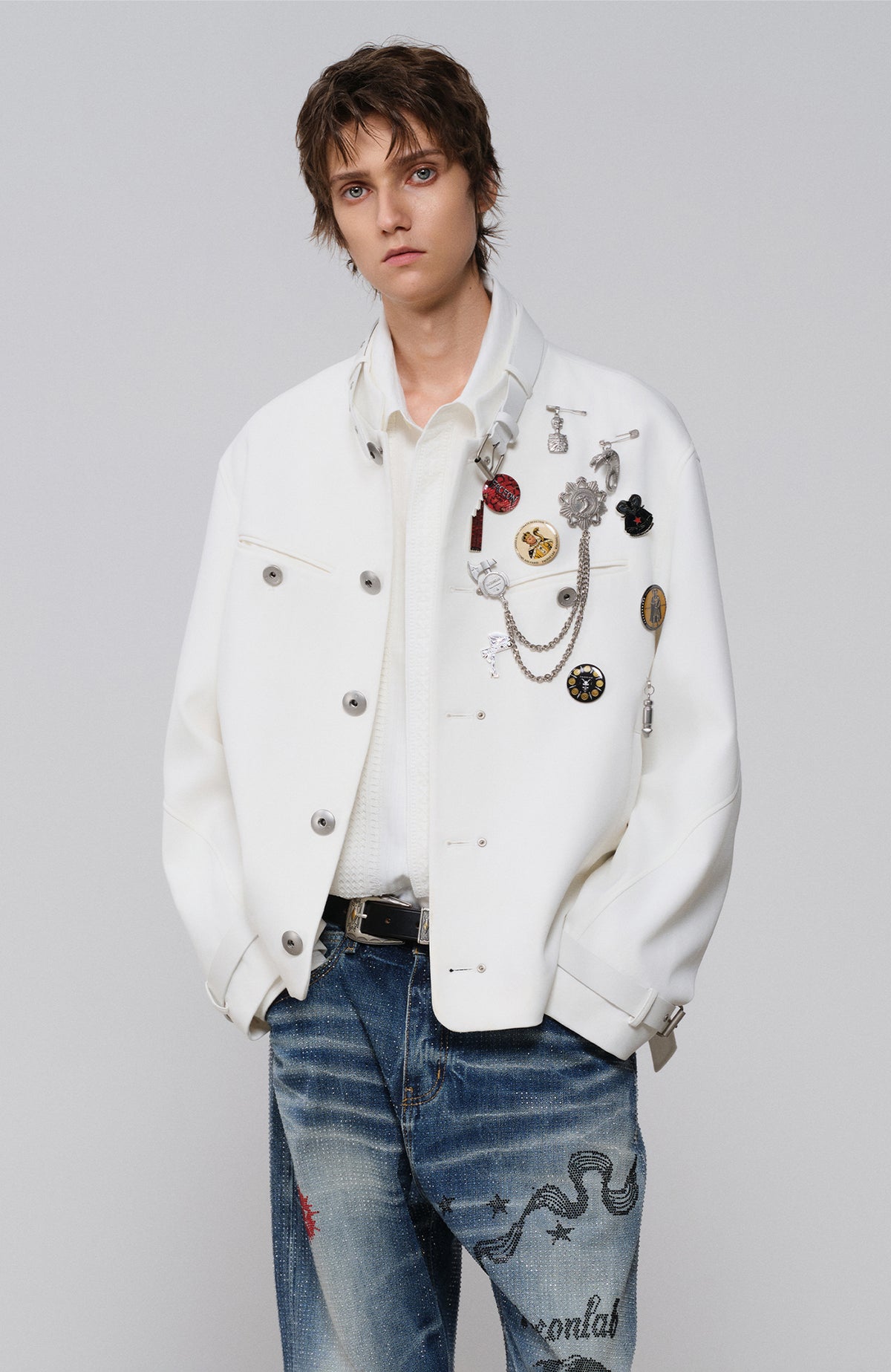FACEONLAB Leather-Collar Medal Embellished Jacket