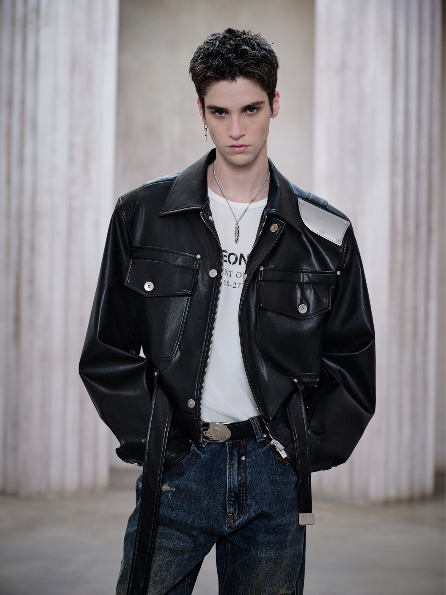 FACEONLAB Metal Epaulettes Belted Faux Leather Jacket Black