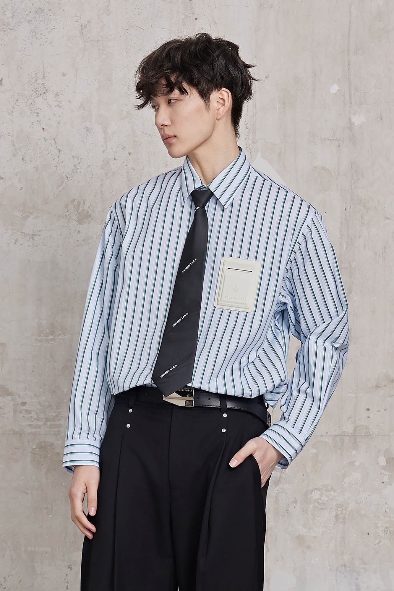 FACEONLAB Striped Patch-Pocket Poplin Shirt, premium urban and streetwear designers apparel on PROJECTISR.com, FACEONLAB