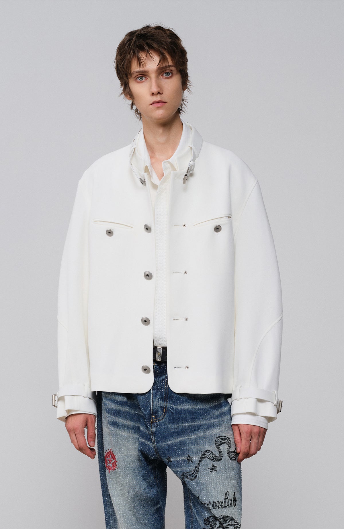 FACEONLAB Leather-Collar Medal Embellished Jacket