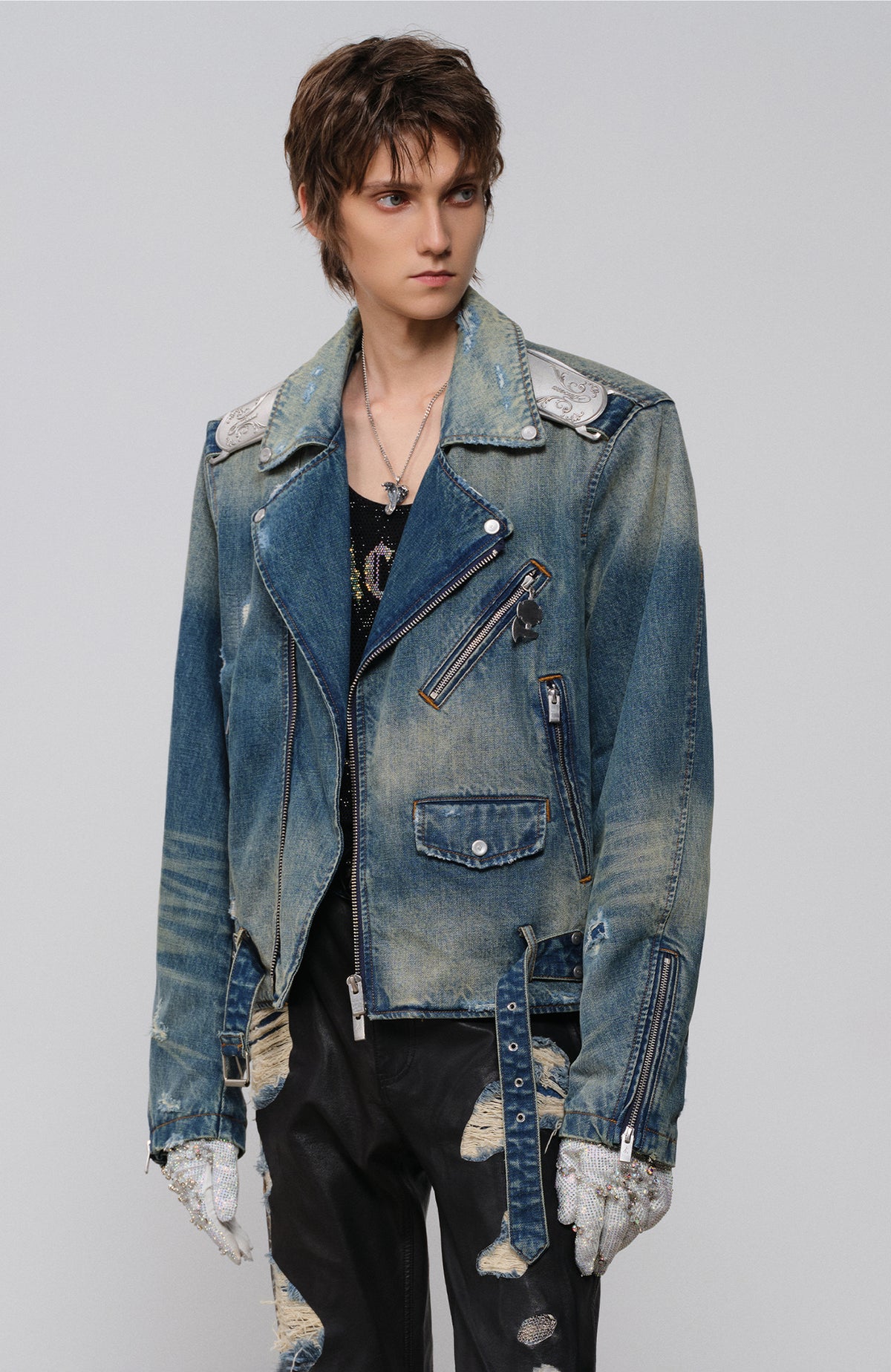 FACEONLAB Metal Epaulette Washed Biker Jacket