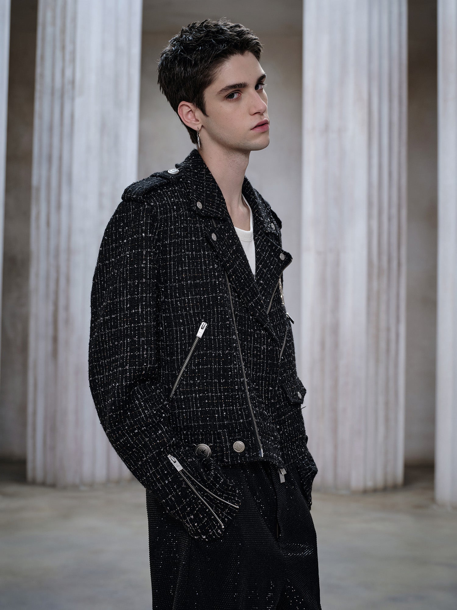 FACEONLAB Metal Badge Multi-Zip Tweed Biker Jacket