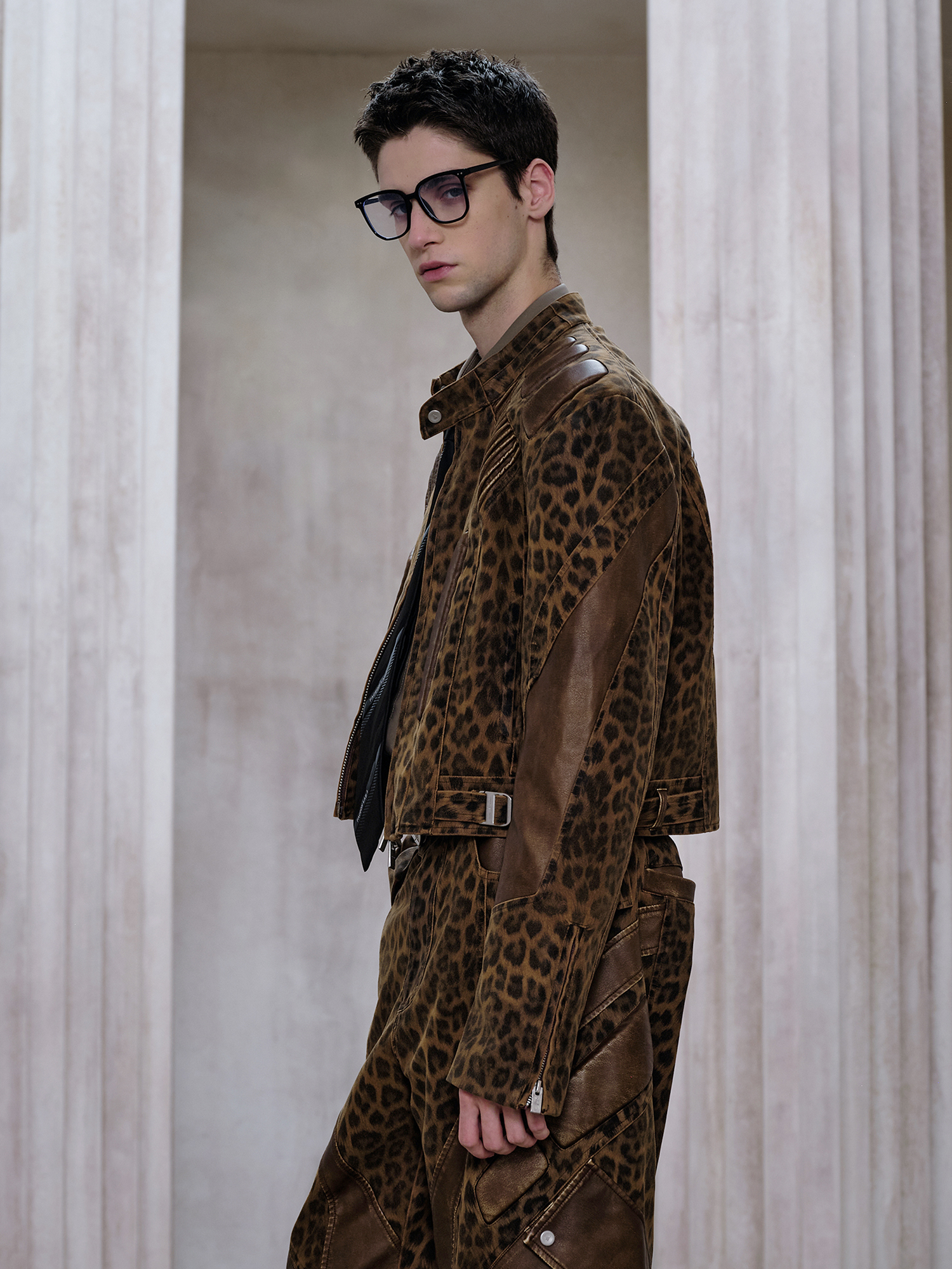 FACEONLAB Leopard Paneled Ribbed Armor Jacket