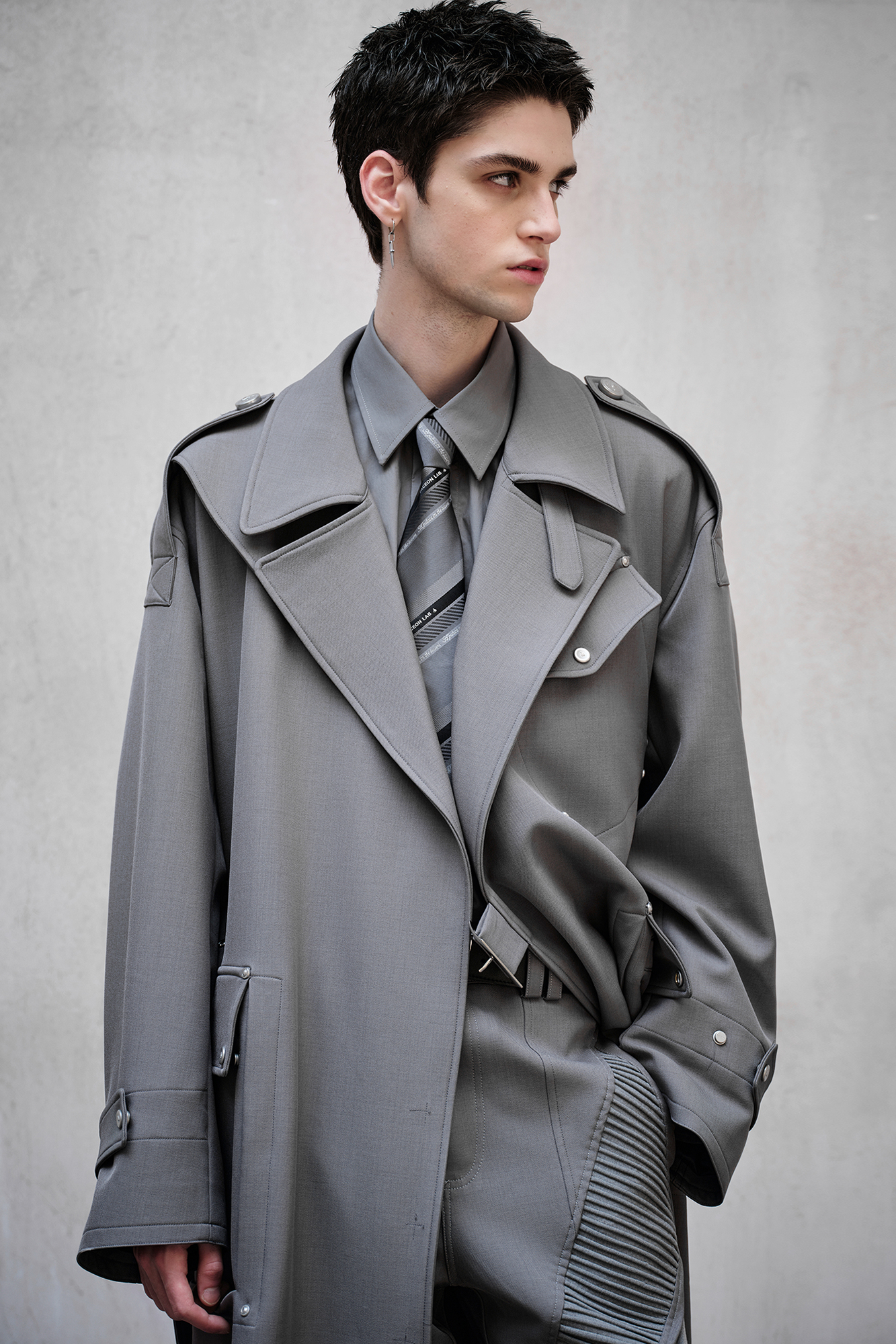 FACEONLAB Essential Military Trench Coat Gray