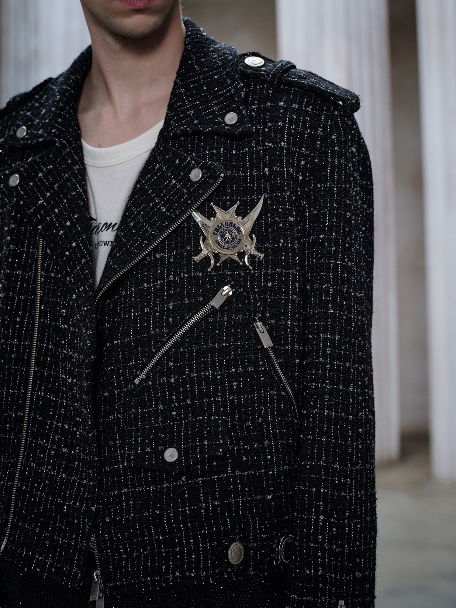 FACEONLAB Metal Badge Multi-Zip Tweed Biker Jacket