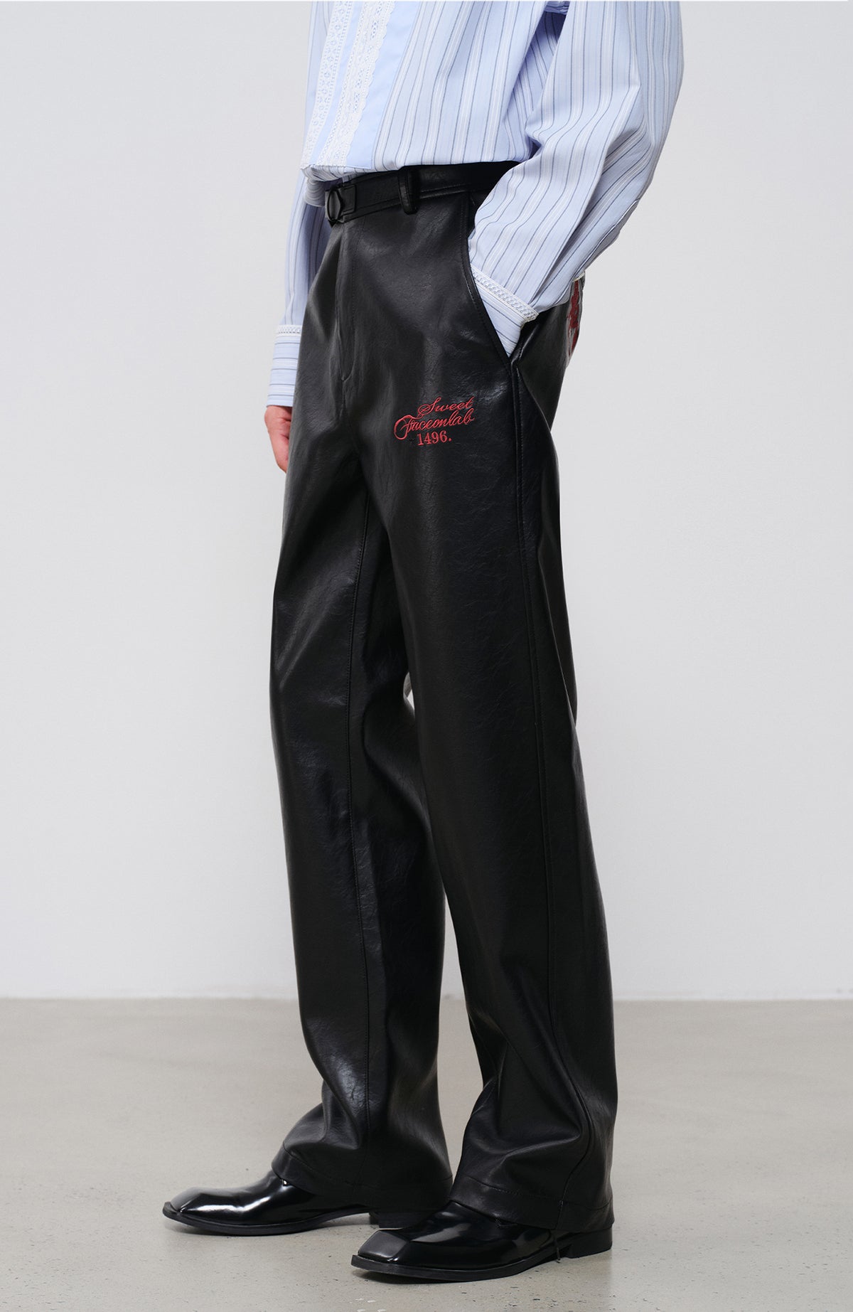 FACEONLAB Embroidered Straight-Leg Faux Leather Pants