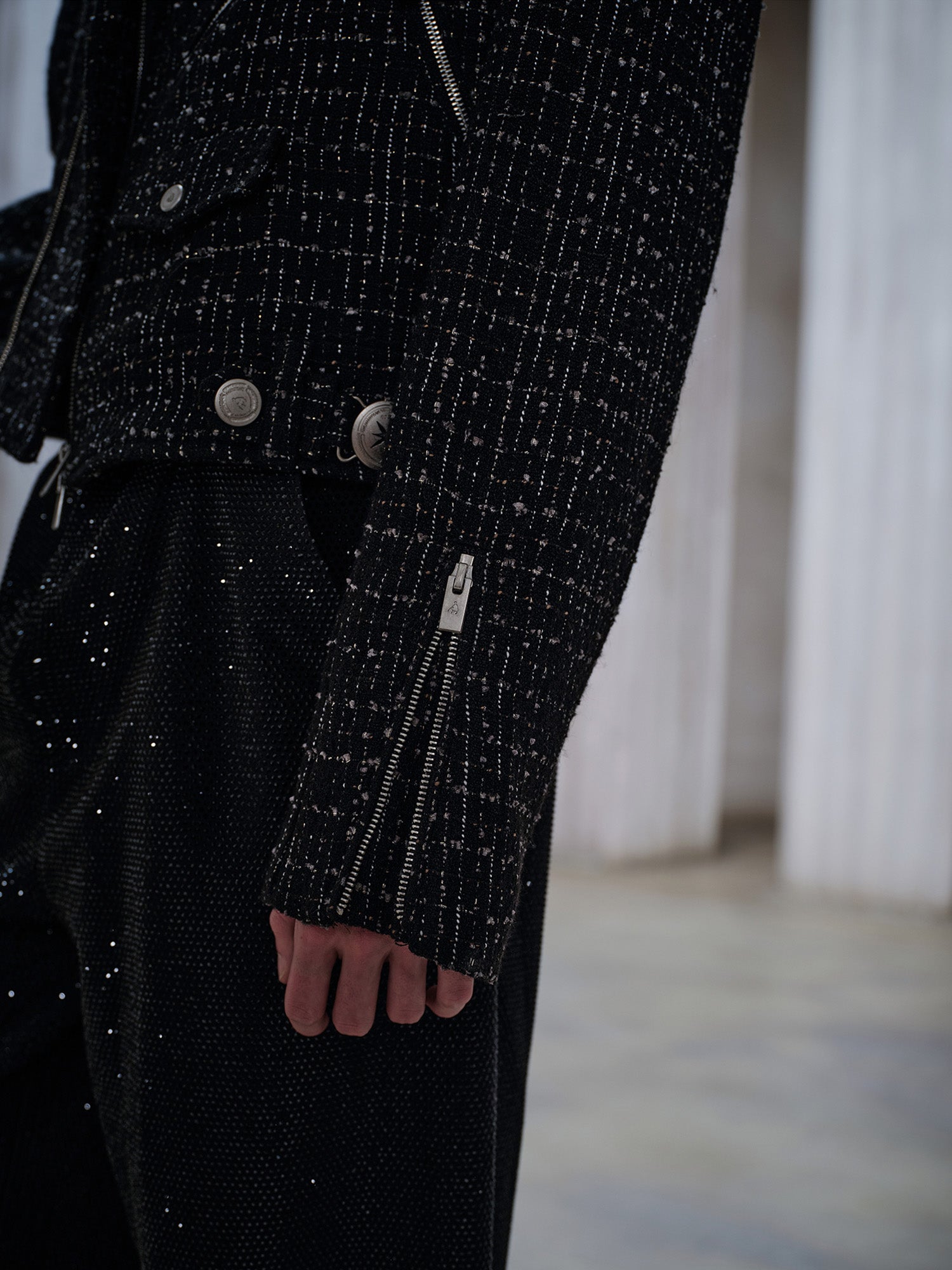 FACEONLAB Metal Badge Multi-Zip Tweed Biker Jacket