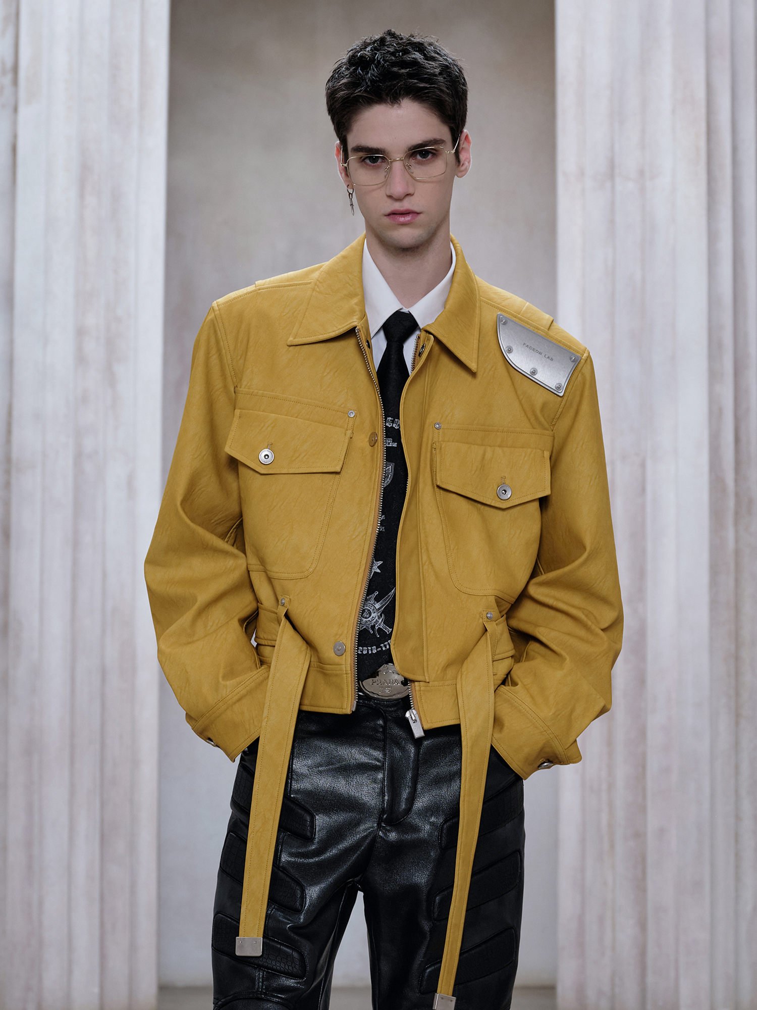 FACEONLAB Metal Epaulettes Belted Faux Leather Jacket Yellow