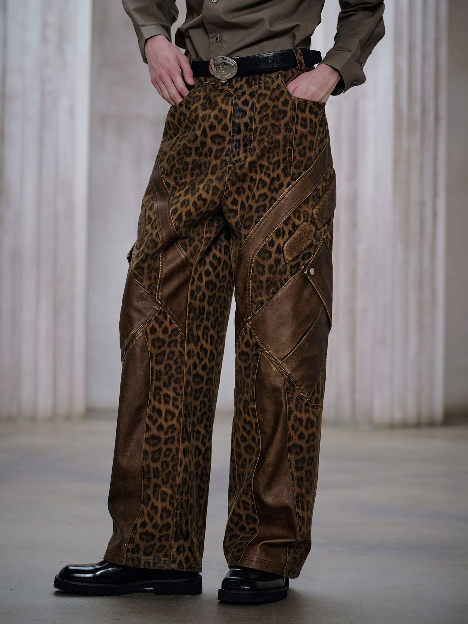 FACEONLAB Leopard Paneled Straight-Leg Pants
