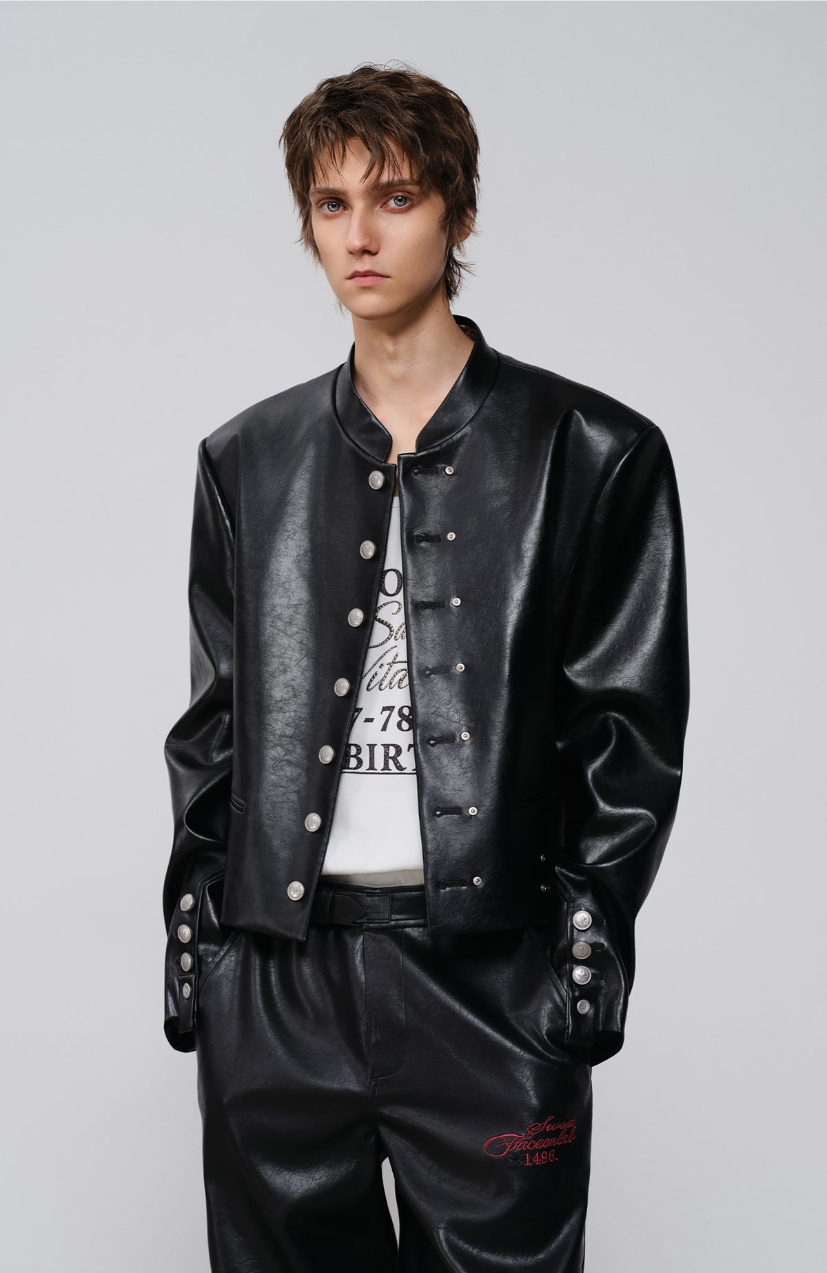 FACEONLAB Faux Leather Stand-Collar Biker Jacket