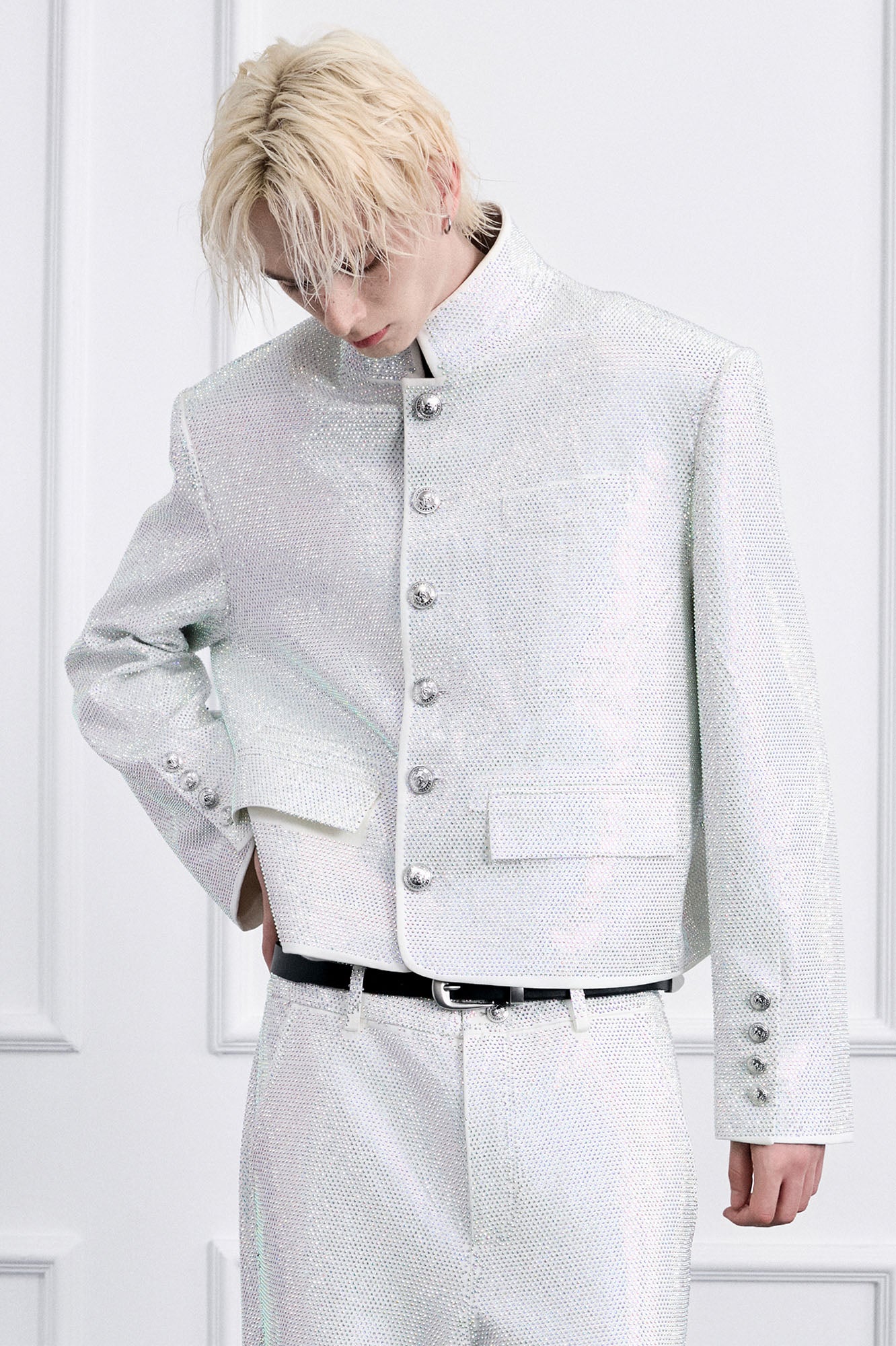 FACEONLAB Iridescent Diamond Mandarin Collar Jacket, premium urban and streetwear designers apparel on PROJECTISR.com, FACEONLAB
