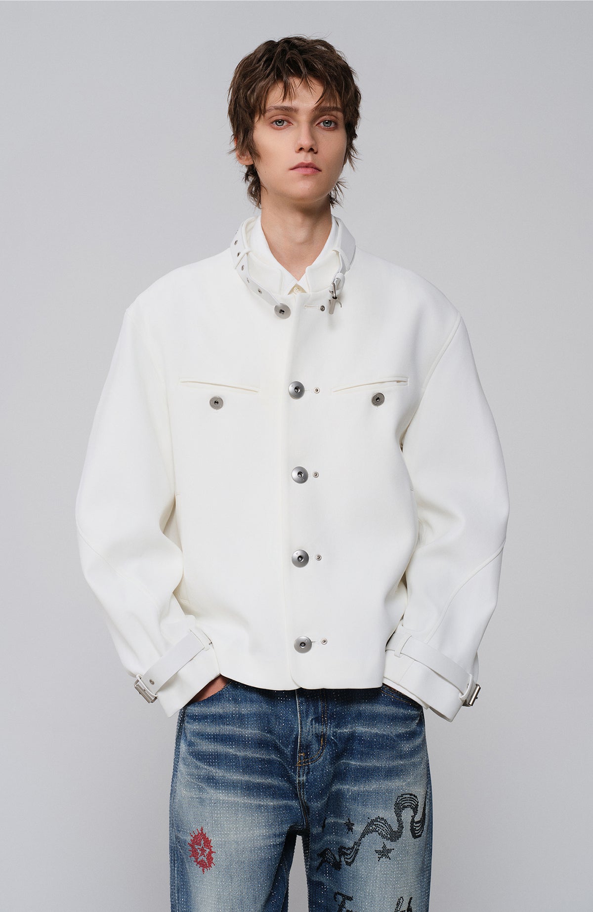 FACEONLAB Leather-Collar Medal Embellished Jacket