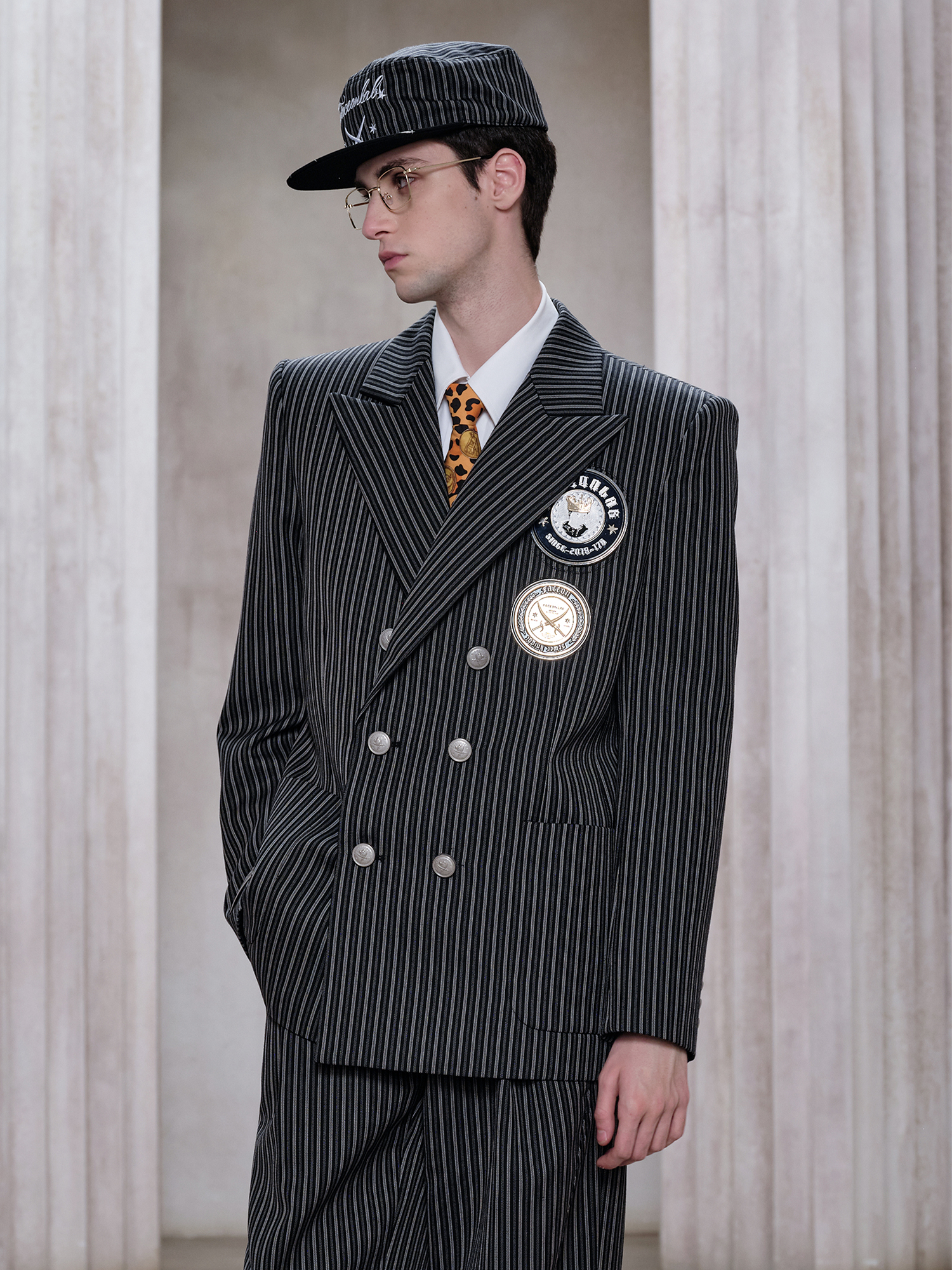 FACEONLAB Stripe Badge-Patch Double-Breasted Jacket