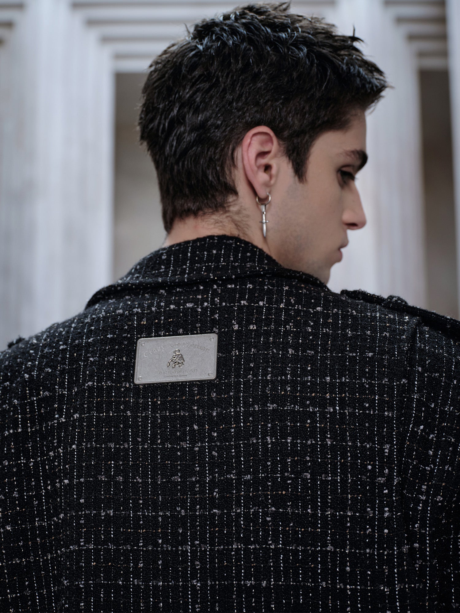 FACEONLAB Metal Badge Multi-Zip Tweed Biker Jacket