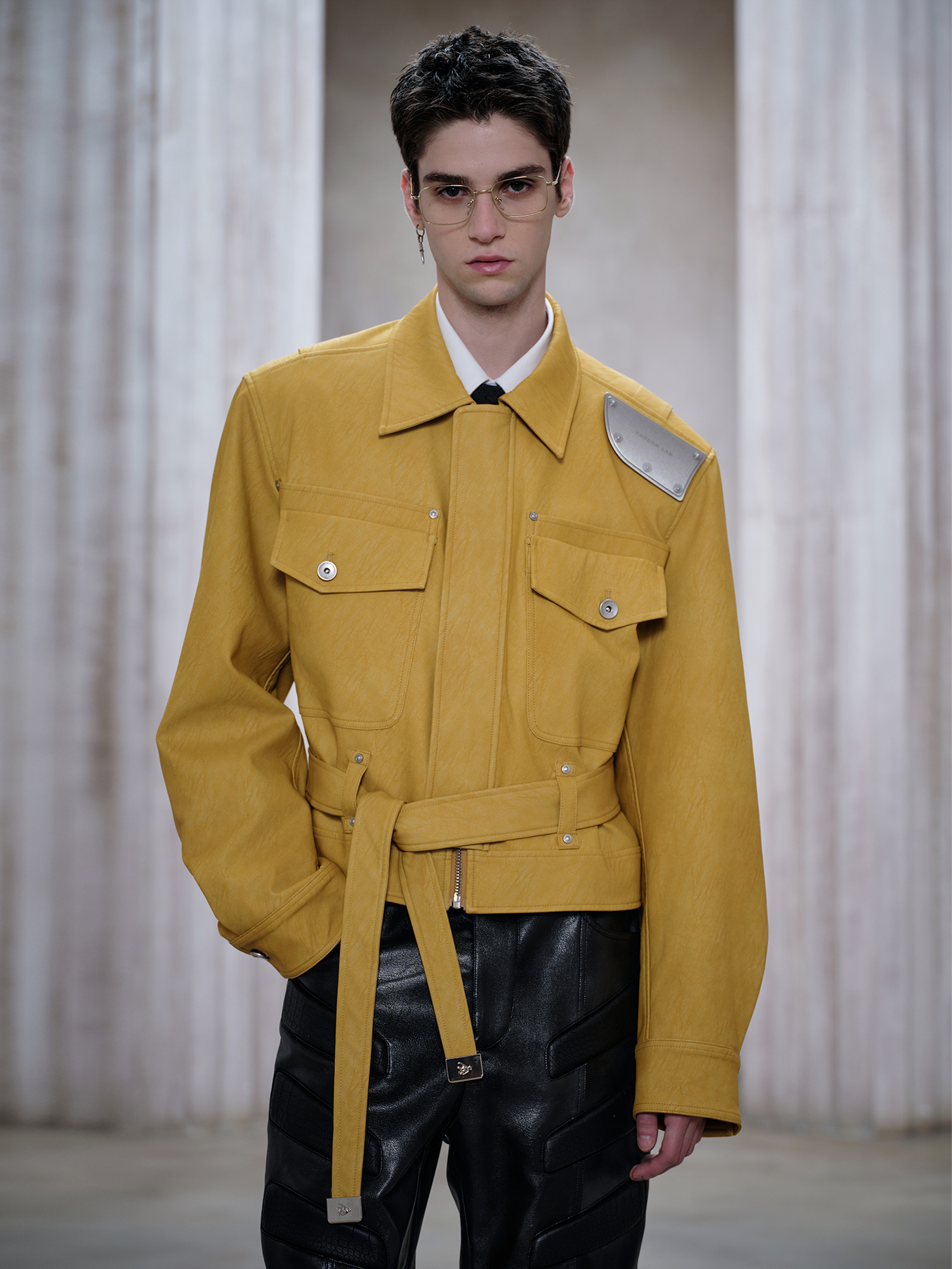 FACEONLAB Metal Epaulettes Belted Faux Leather Jacket Yellow
