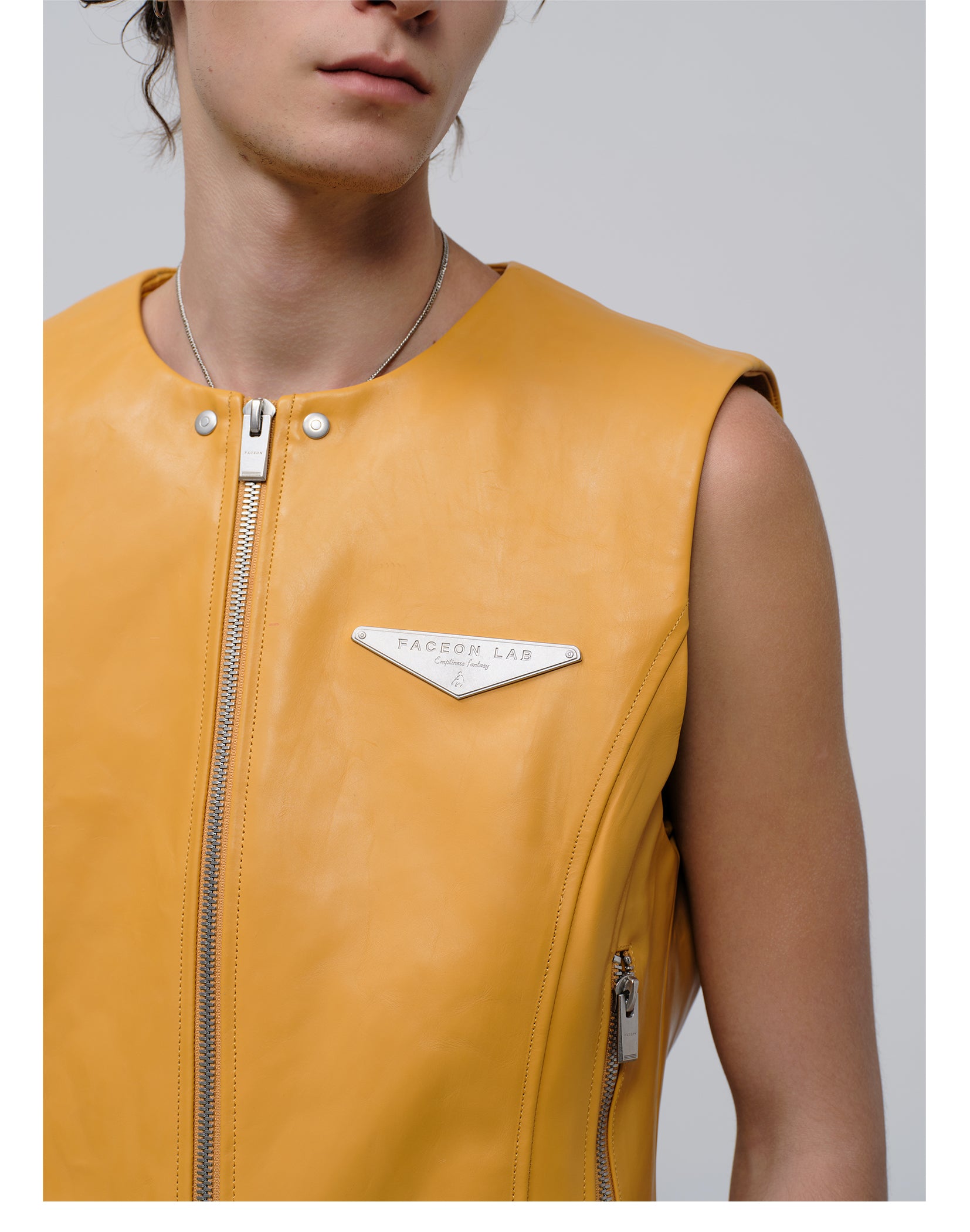 FACEONLAB Reversible Moto Leather Vest Orange, premium urban and streetwear designers apparel on PROJECTISR.com, FACEONLAB