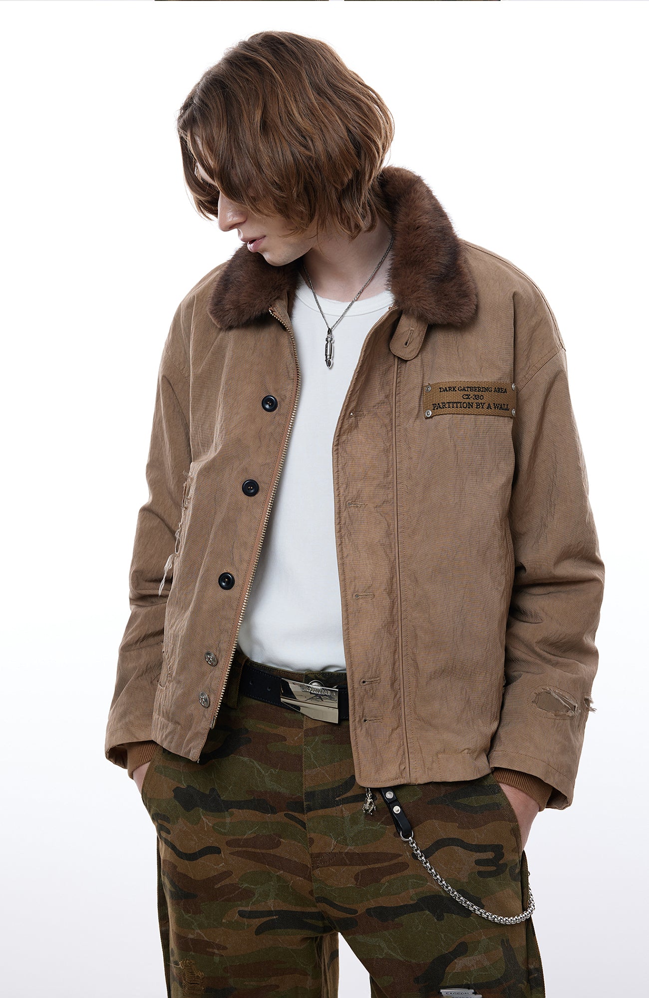 FACEONLAB Reversible Fleece Collar Deck Jacket Khaki