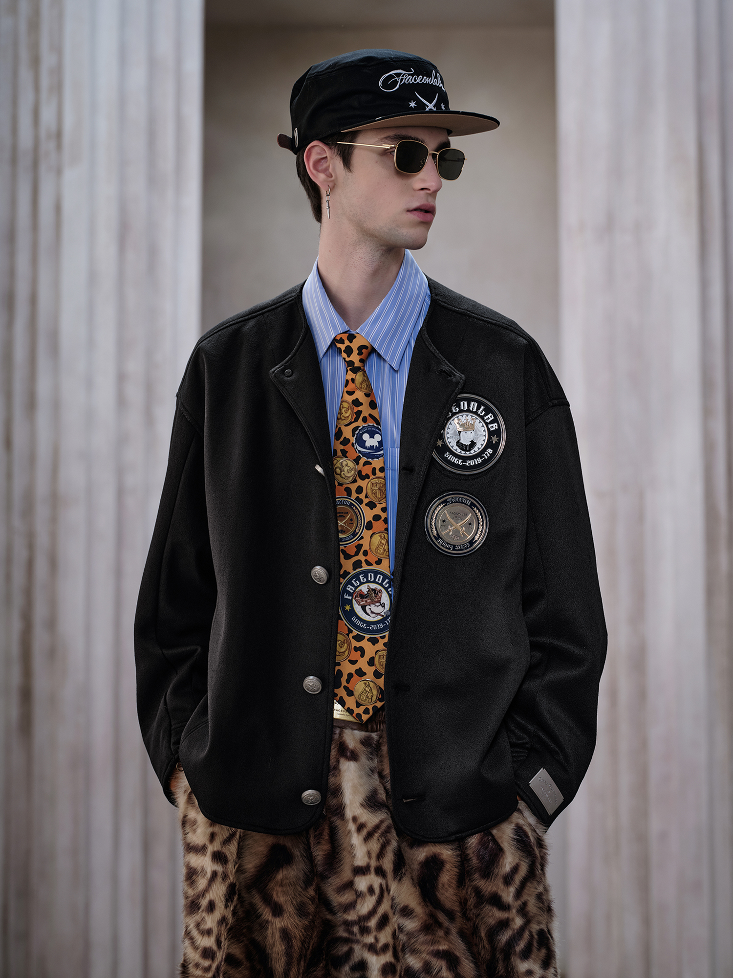 FACEONLAB Badge-Patch Crew-Neck Oversized Jacket