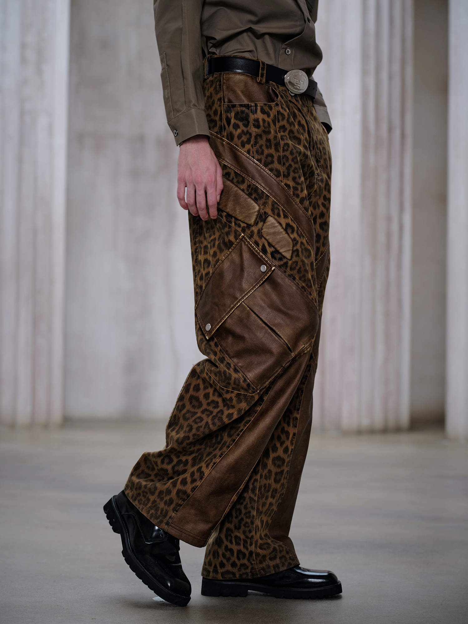 FACEONLAB Leopard Paneled Straight-Leg Pants