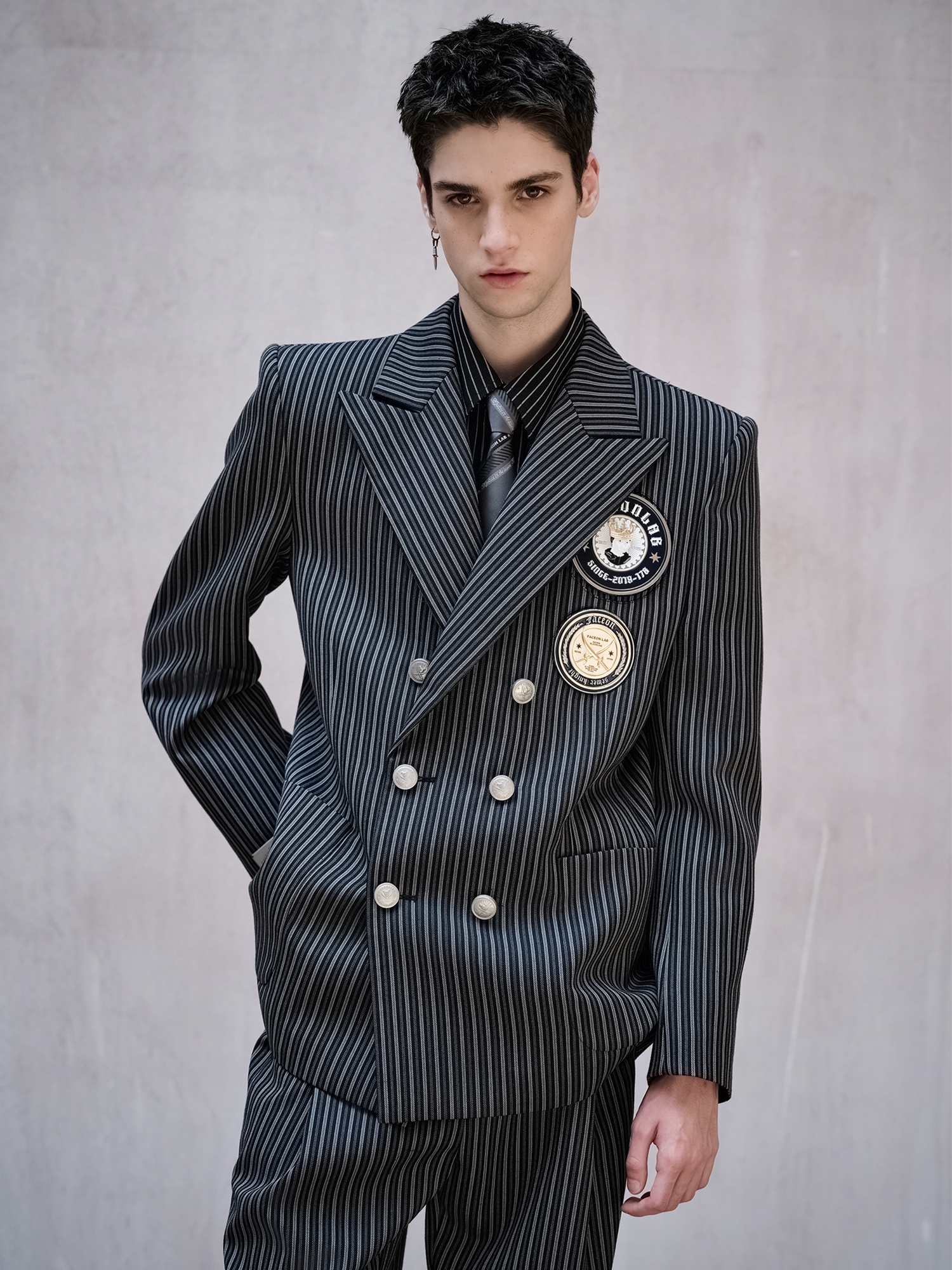 FACEONLAB Stripe Badge-Patch Double-Breasted Jacket