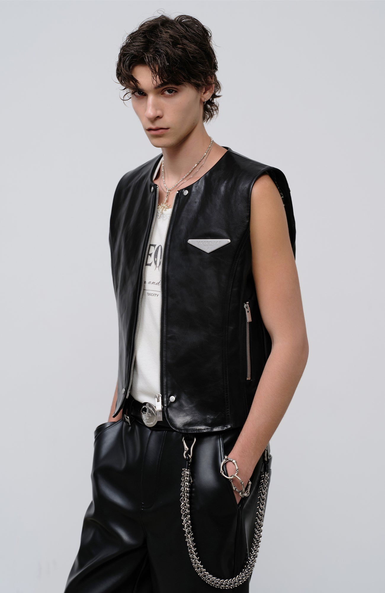 FACEONLAB Reversible Moto Leather Vest Black, premium urban and streetwear designers apparel on PROJECTISR.com, FACEONLAB