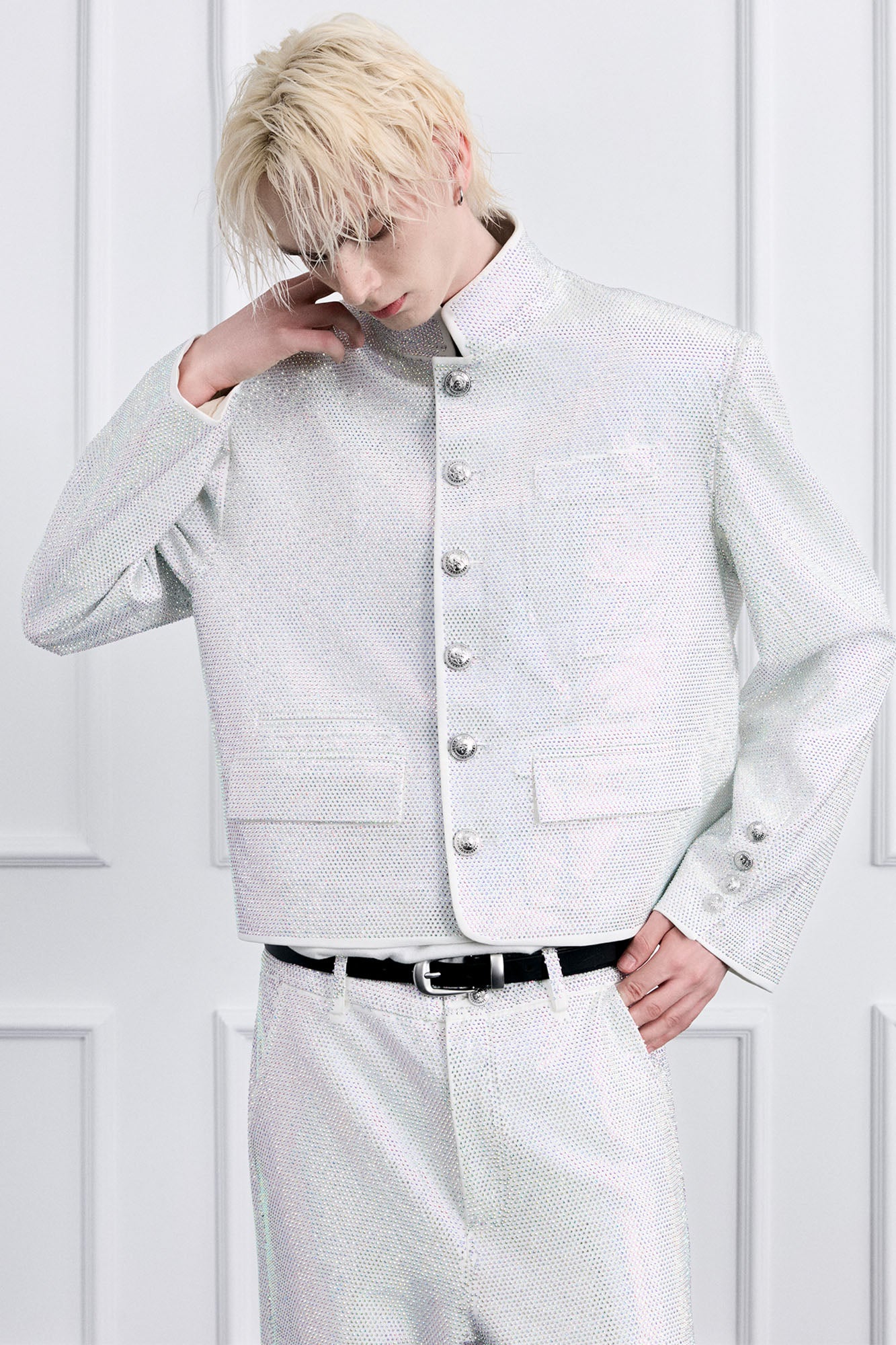 FACEONLAB Iridescent Diamond Mandarin Collar Jacket, premium urban and streetwear designers apparel on PROJECTISR.com, FACEONLAB