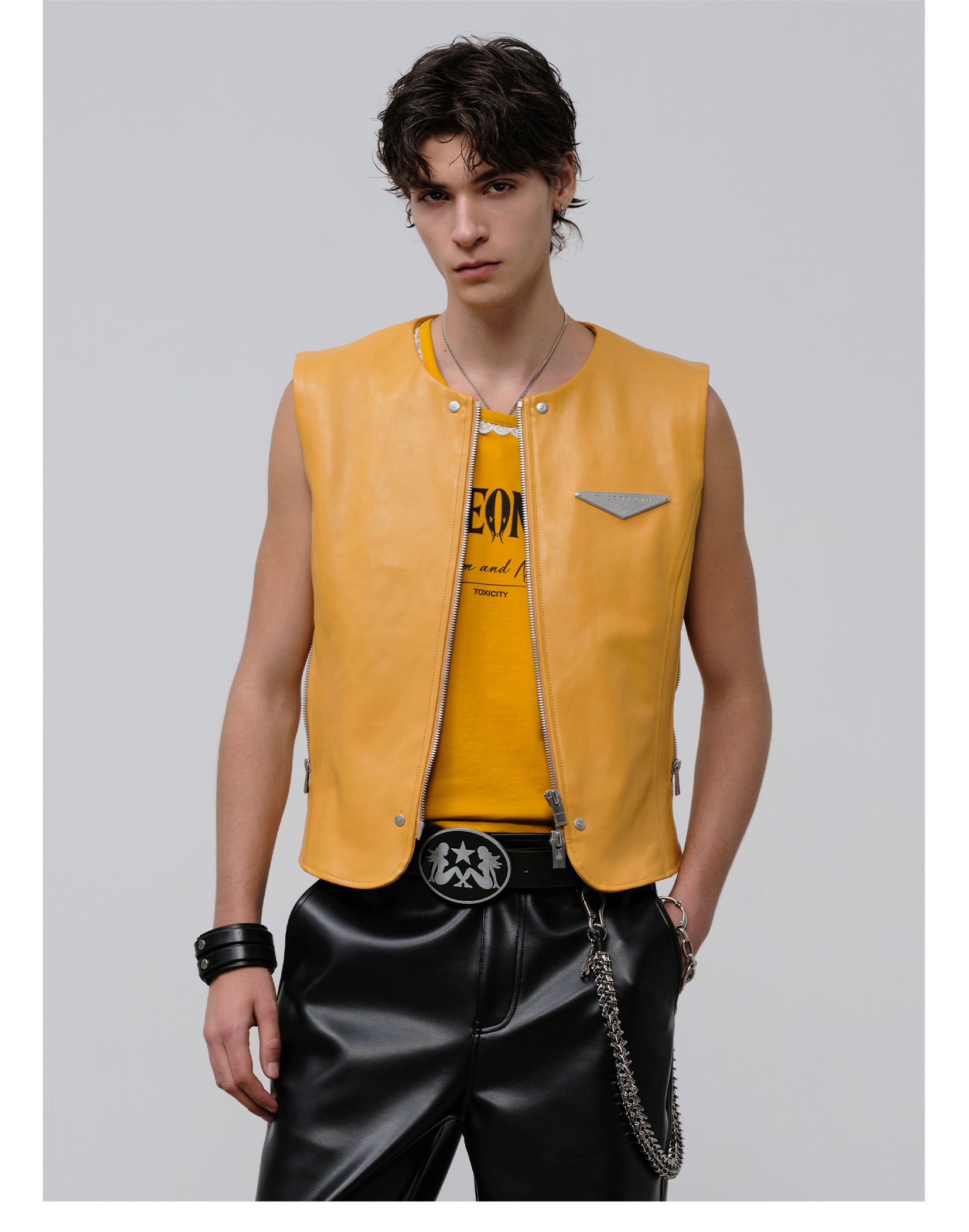 FACEONLAB Reversible Moto Leather Vest Orange, premium urban and streetwear designers apparel on PROJECTISR.com, FACEONLAB