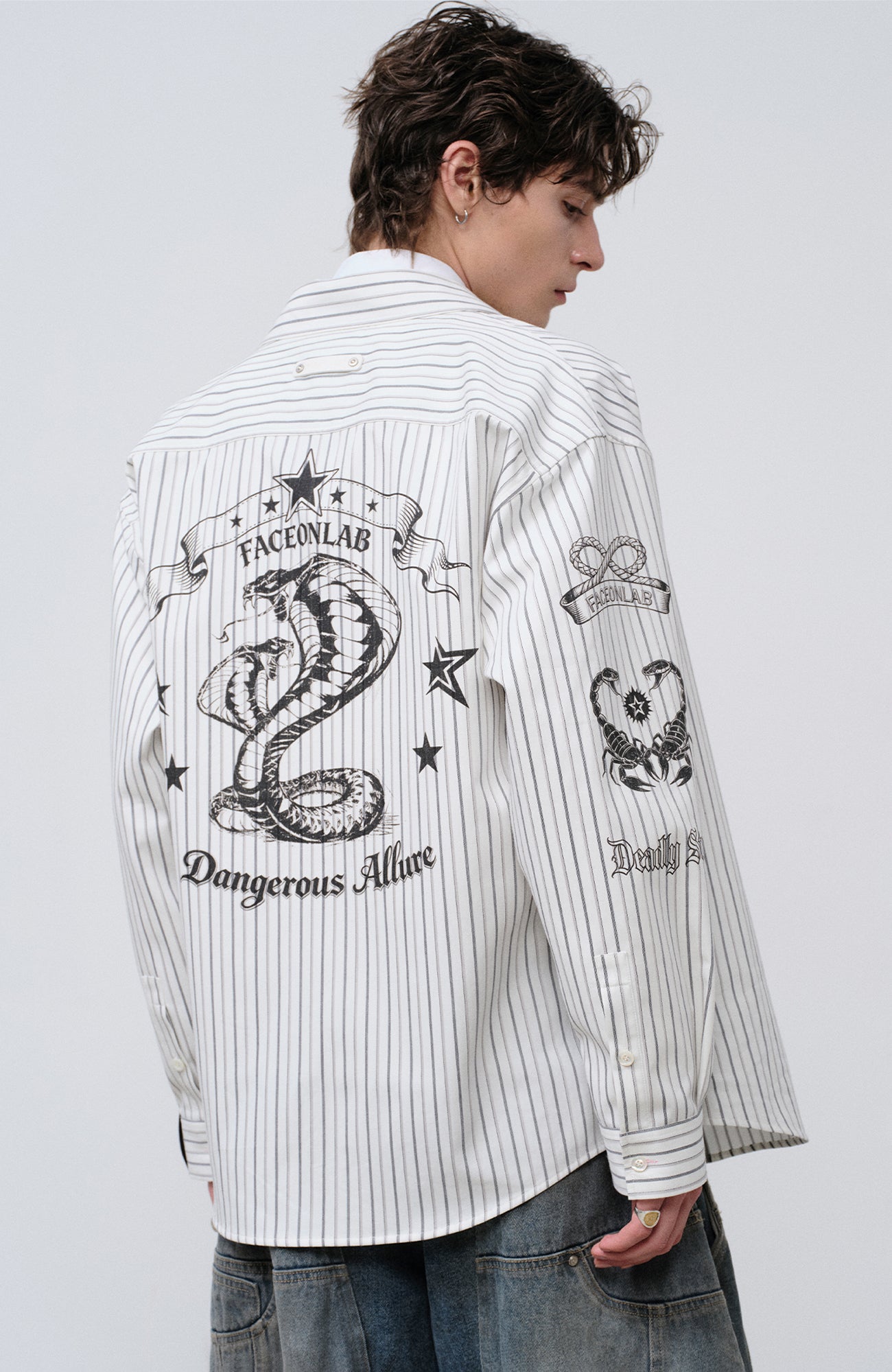 FACEONLAB Stripe Animal Graphic Relaxed Shirt White, premium urban and streetwear designers apparel on PROJECTISR.com, FACEONLAB