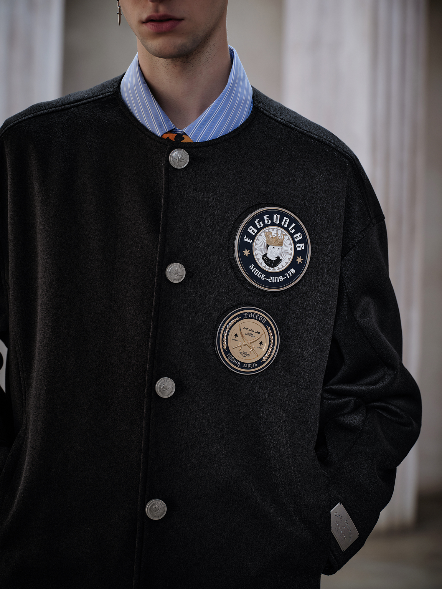 FACEONLAB Badge-Patch Crew-Neck Oversized Jacket
