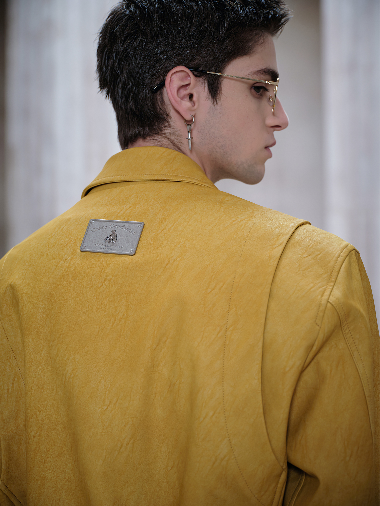 FACEONLAB Metal Epaulettes Belted Faux Leather Jacket Yellow