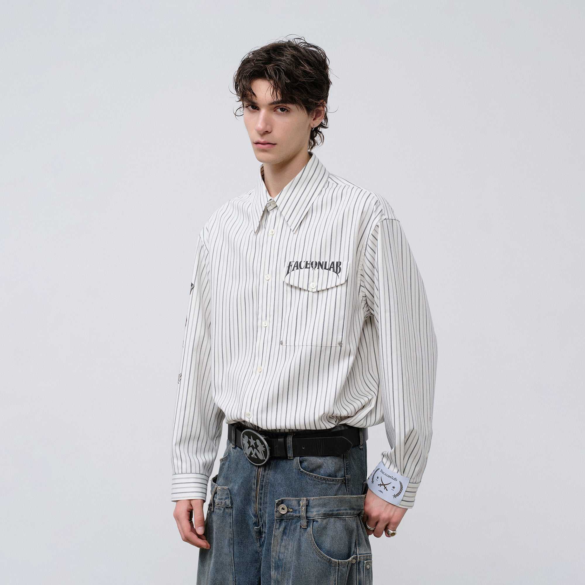 FACEONLAB Stripe Animal Graphic Relaxed Shirt White, premium urban and streetwear designers apparel on PROJECTISR.com, FACEONLAB