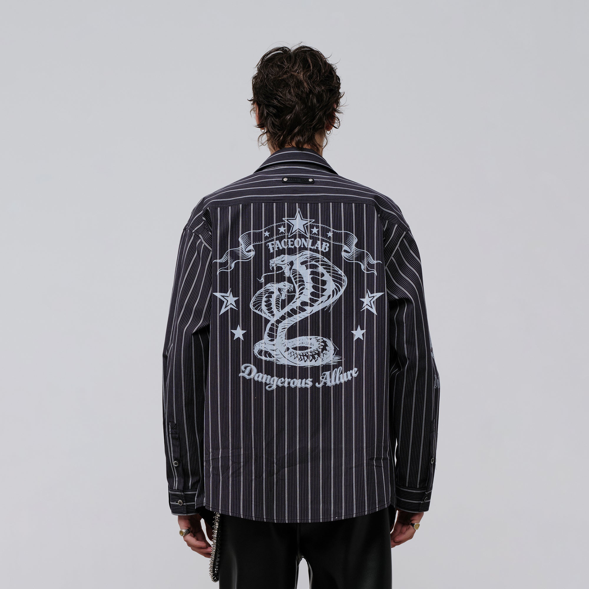 FACEONLAB Stripe Animal Graphic Relaxed Shirt Black, premium urban and streetwear designers apparel on PROJECTISR.com, FACEONLAB