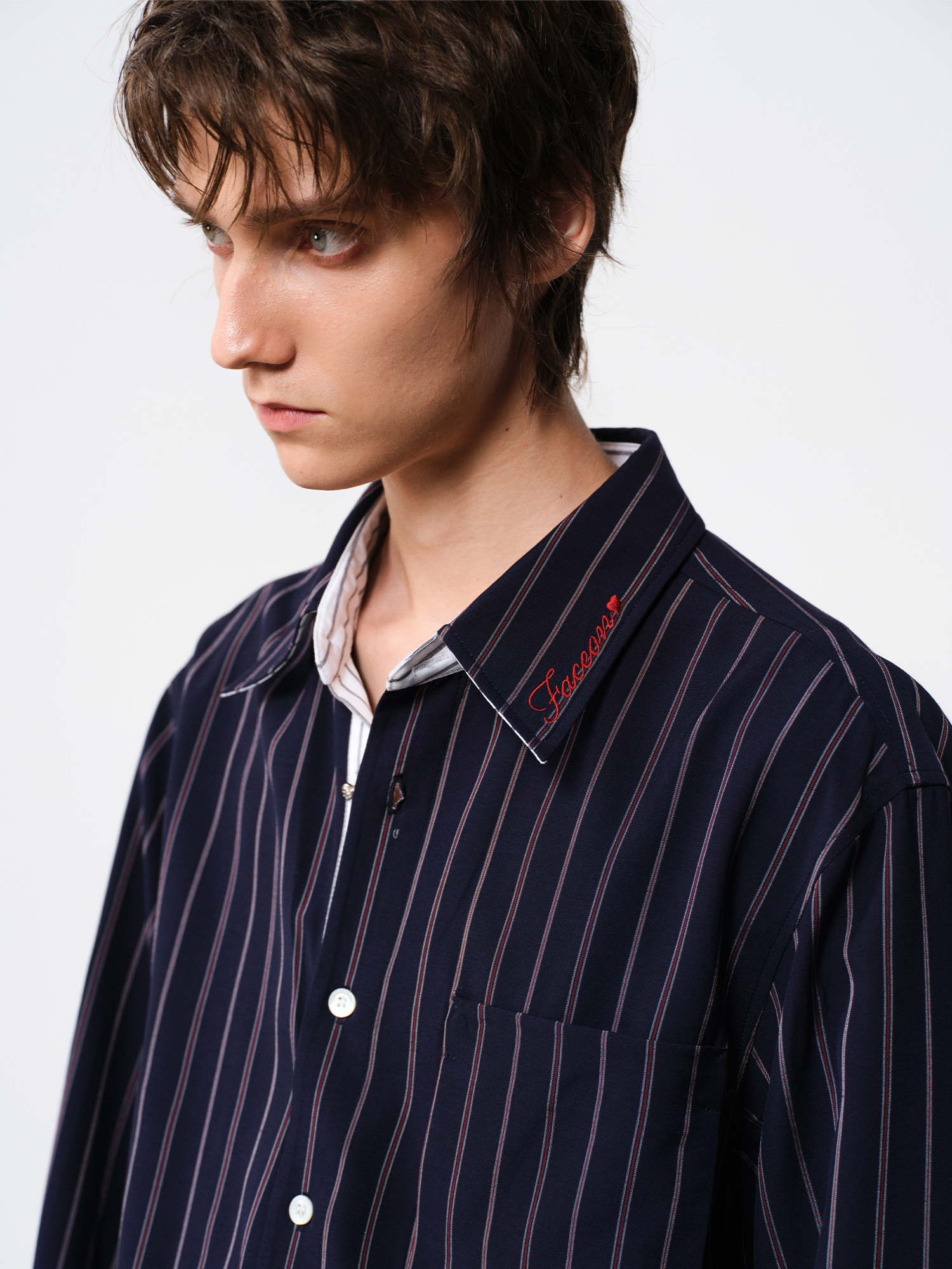 FACEONLAB Striped Spliced Embroidered Wide-Collar Shirt