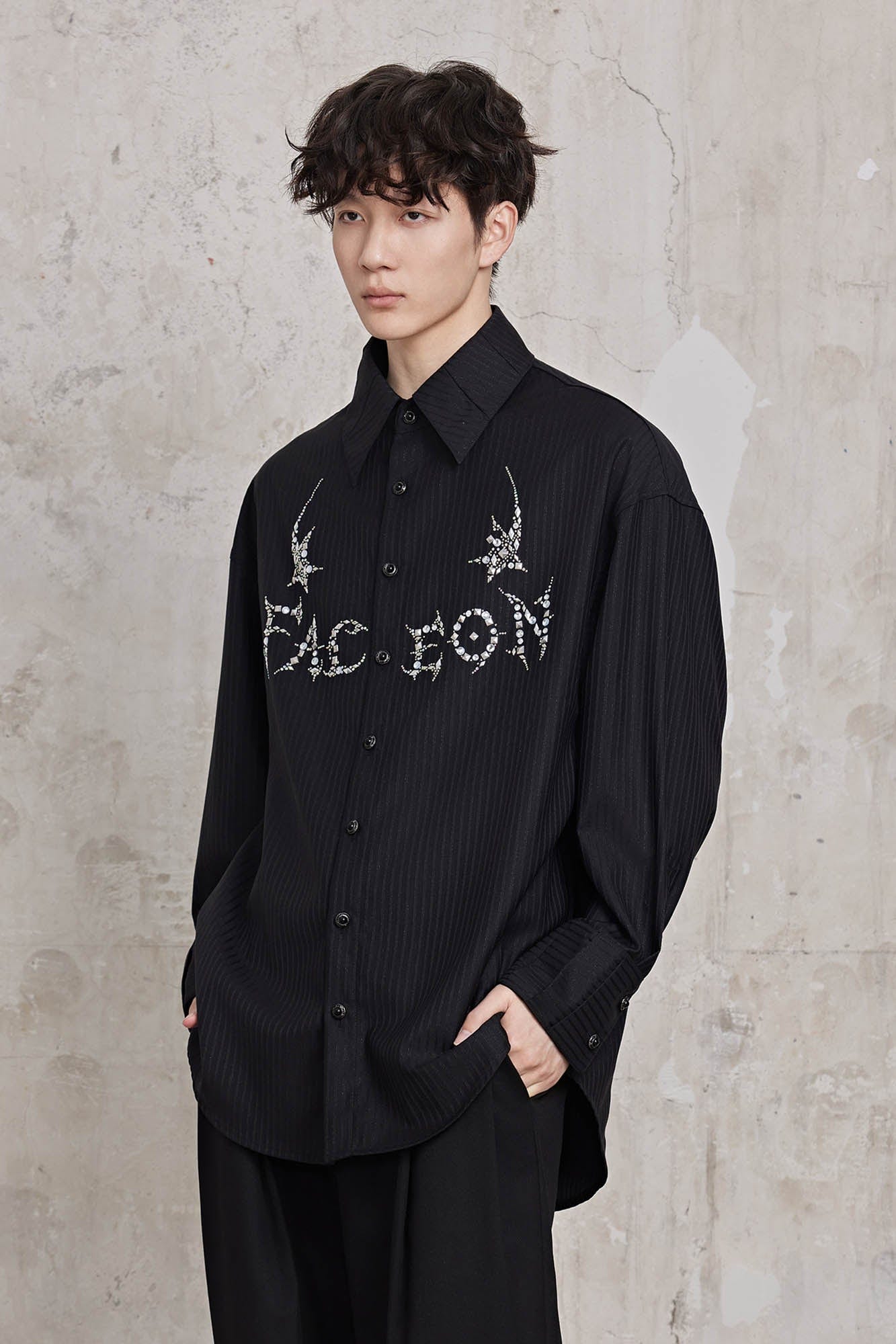 FACEONLAB Pinstriped Rivet Diamond Shirt, premium urban and streetwear designers apparel on PROJECTISR.com, FACEONLAB