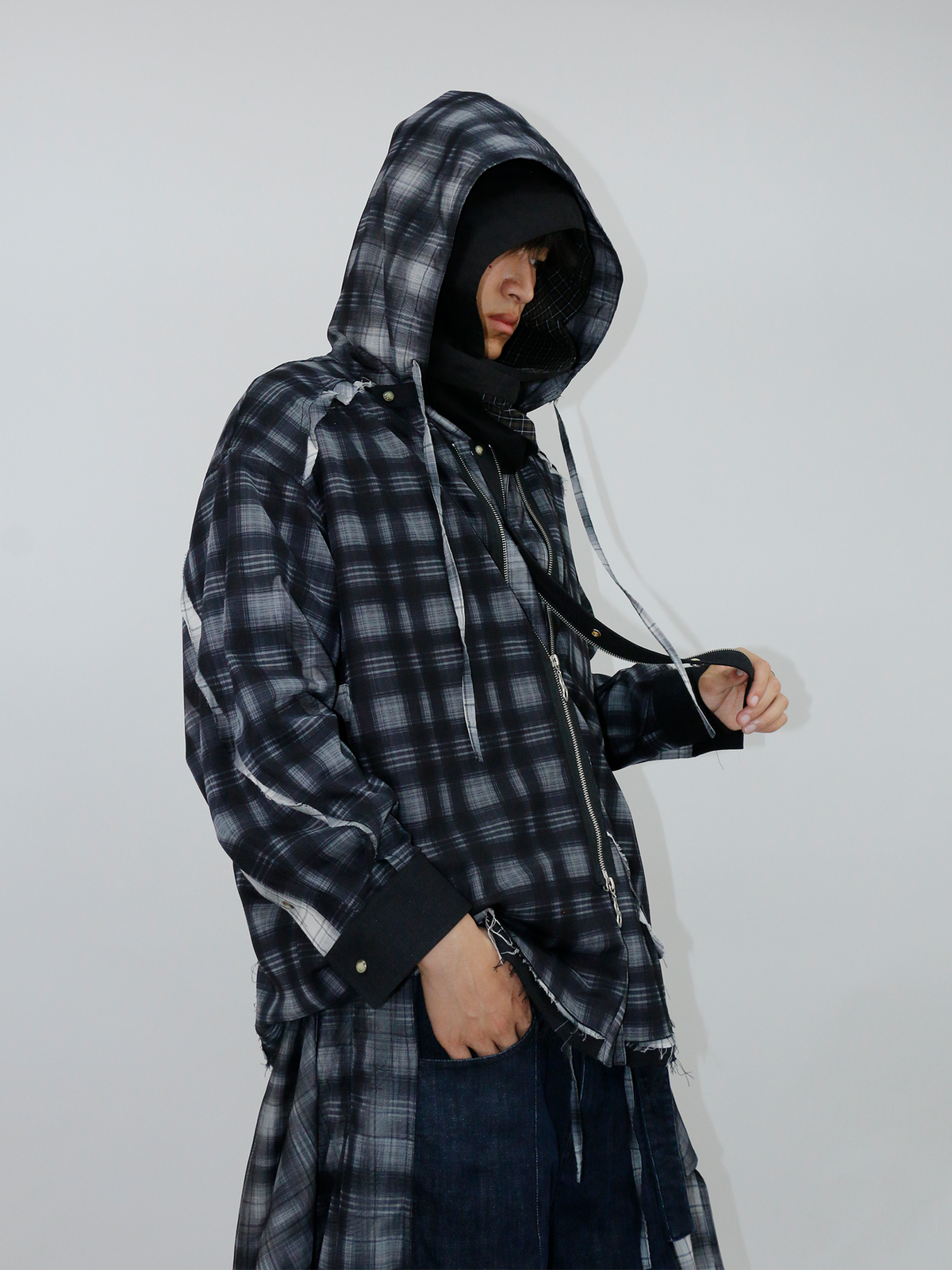 RELABEL Plaid Layered Oversized Hooded Shirt