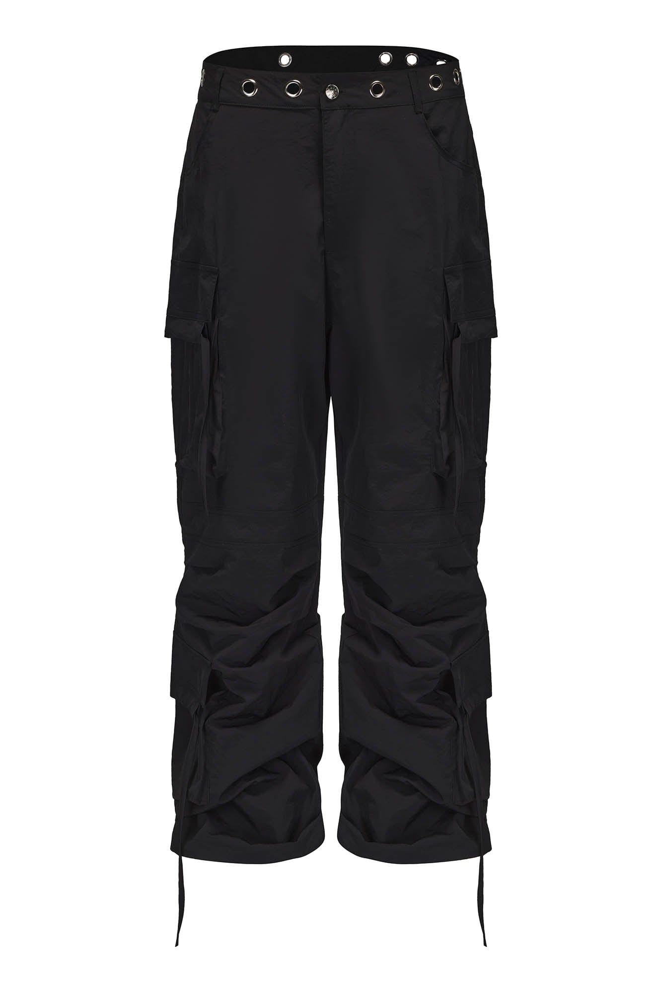 BLACK8MOB Eyelet Waist Tie Multi-Pocket Parachute Pants, premium urban and streetwear designers apparel on PROJECTISR.com, BLACK8MOB