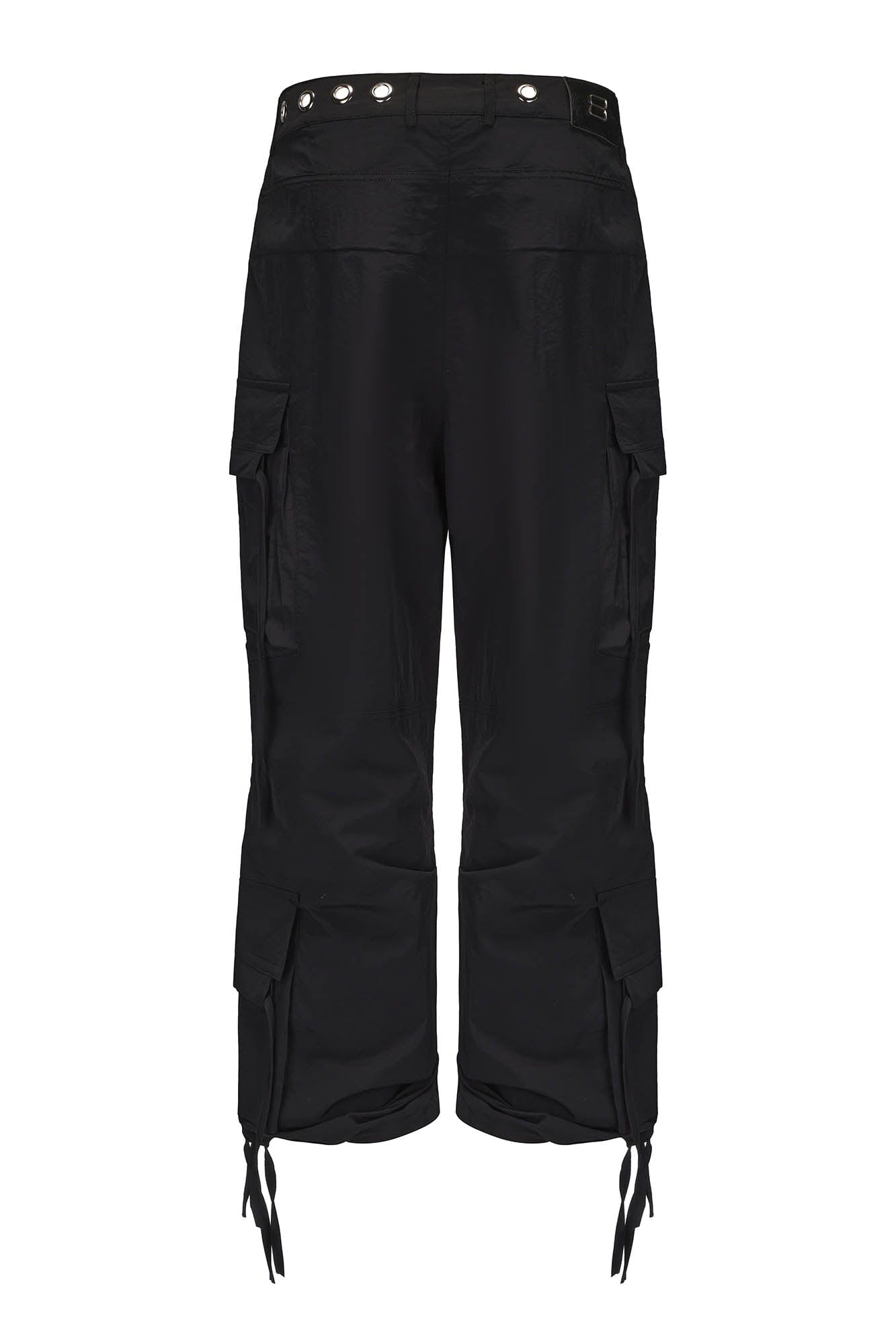 BLACK8MOB Eyelet Waist Tie Multi-Pocket Parachute Pants, premium urban and streetwear designers apparel on PROJECTISR.com, BLACK8MOB