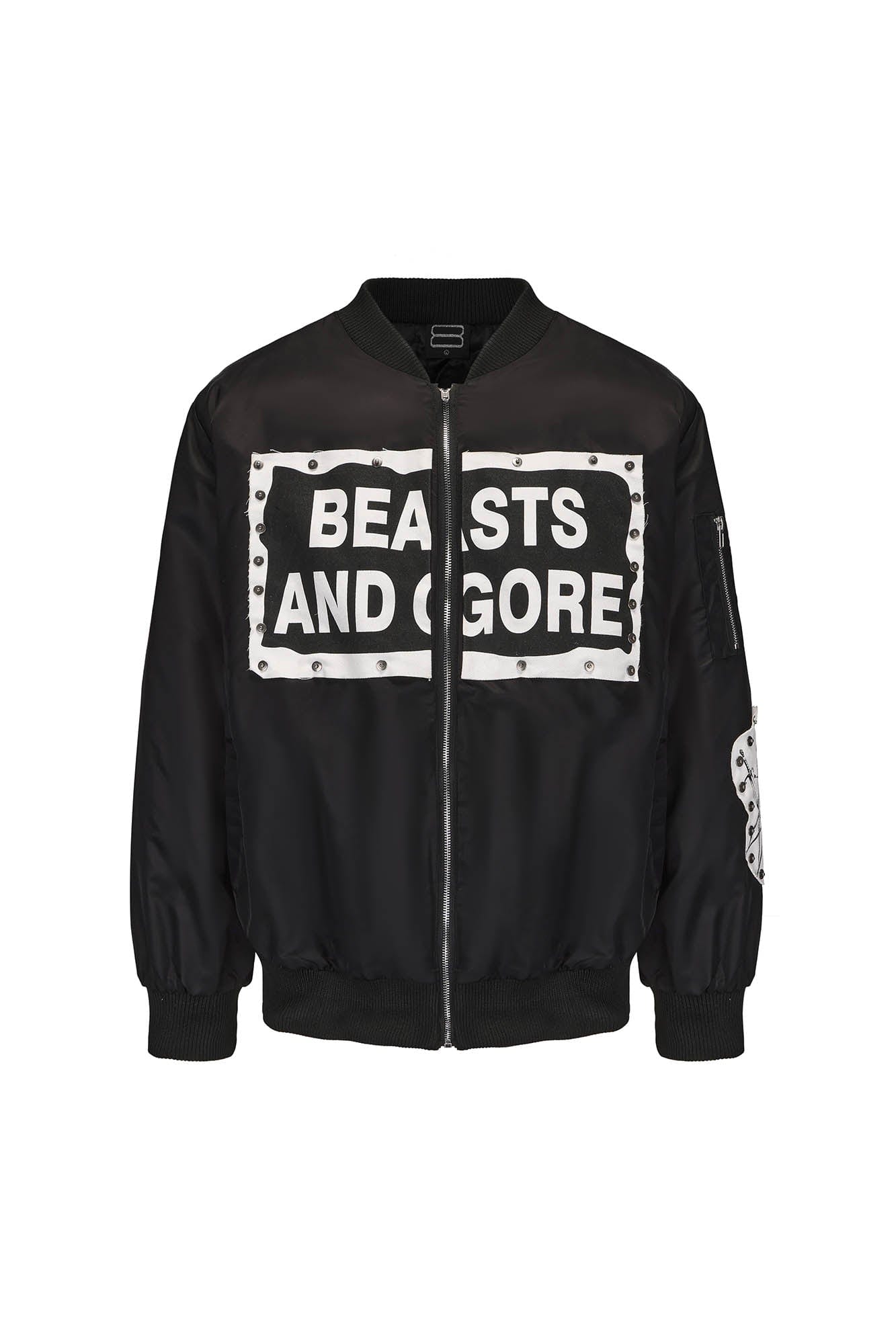 BLACK8MOB Studded Patchwork Bomber Jacket, premium urban and streetwear designers apparel on PROJECTISR.com, BLACK8MOB