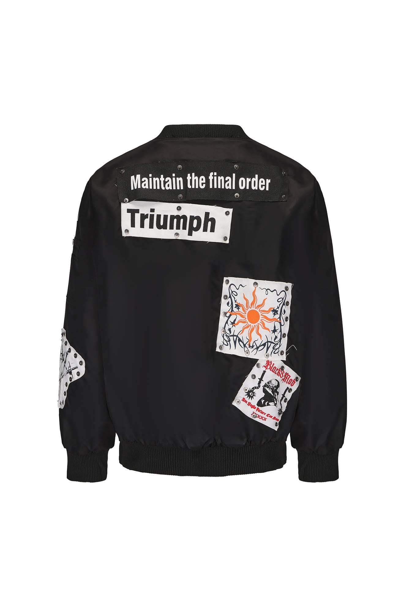 BLACK8MOB Studded Patchwork Bomber Jacket, premium urban and streetwear designers apparel on PROJECTISR.com, BLACK8MOB