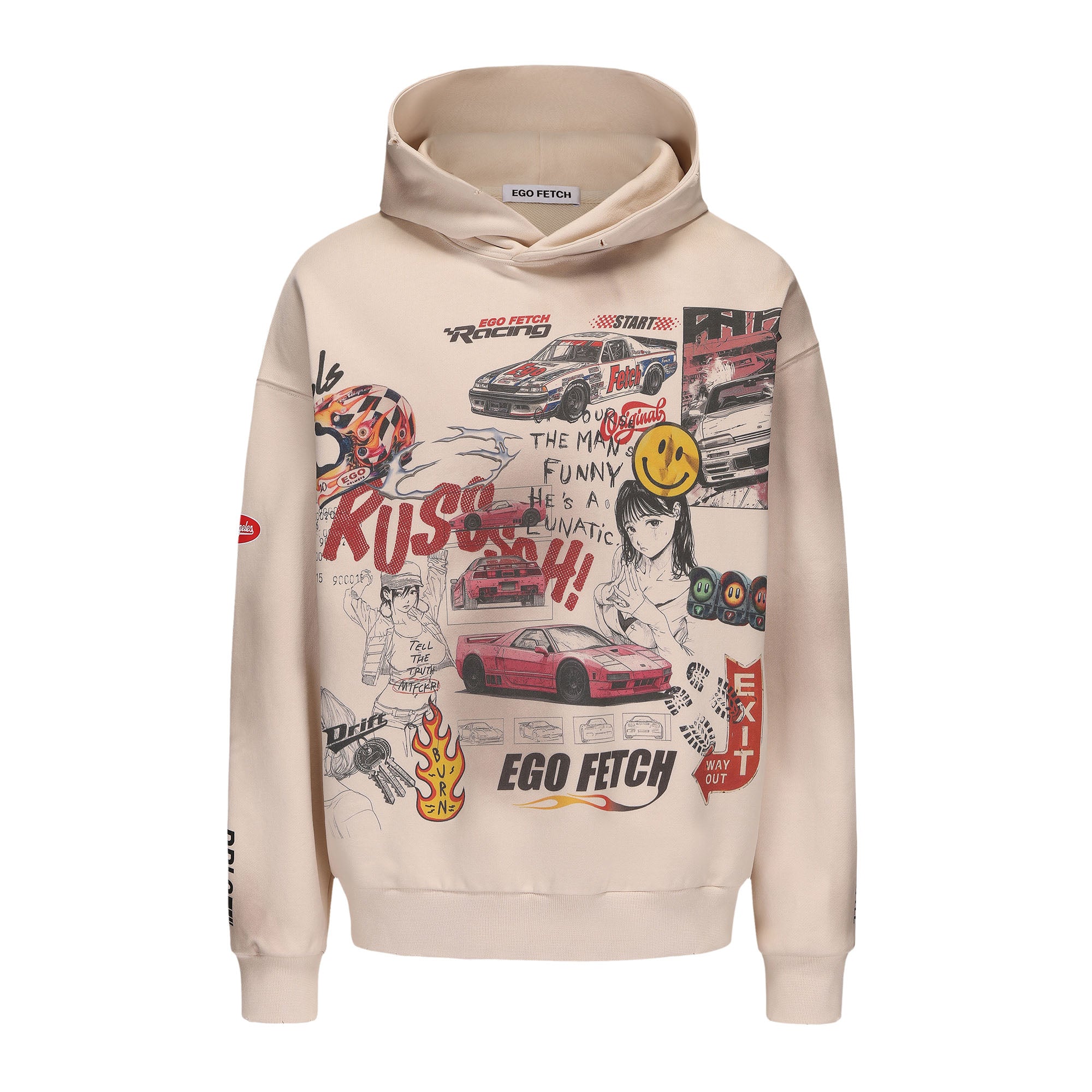 EGOFETCH Distressed Racing Anime Graphic Hoodie