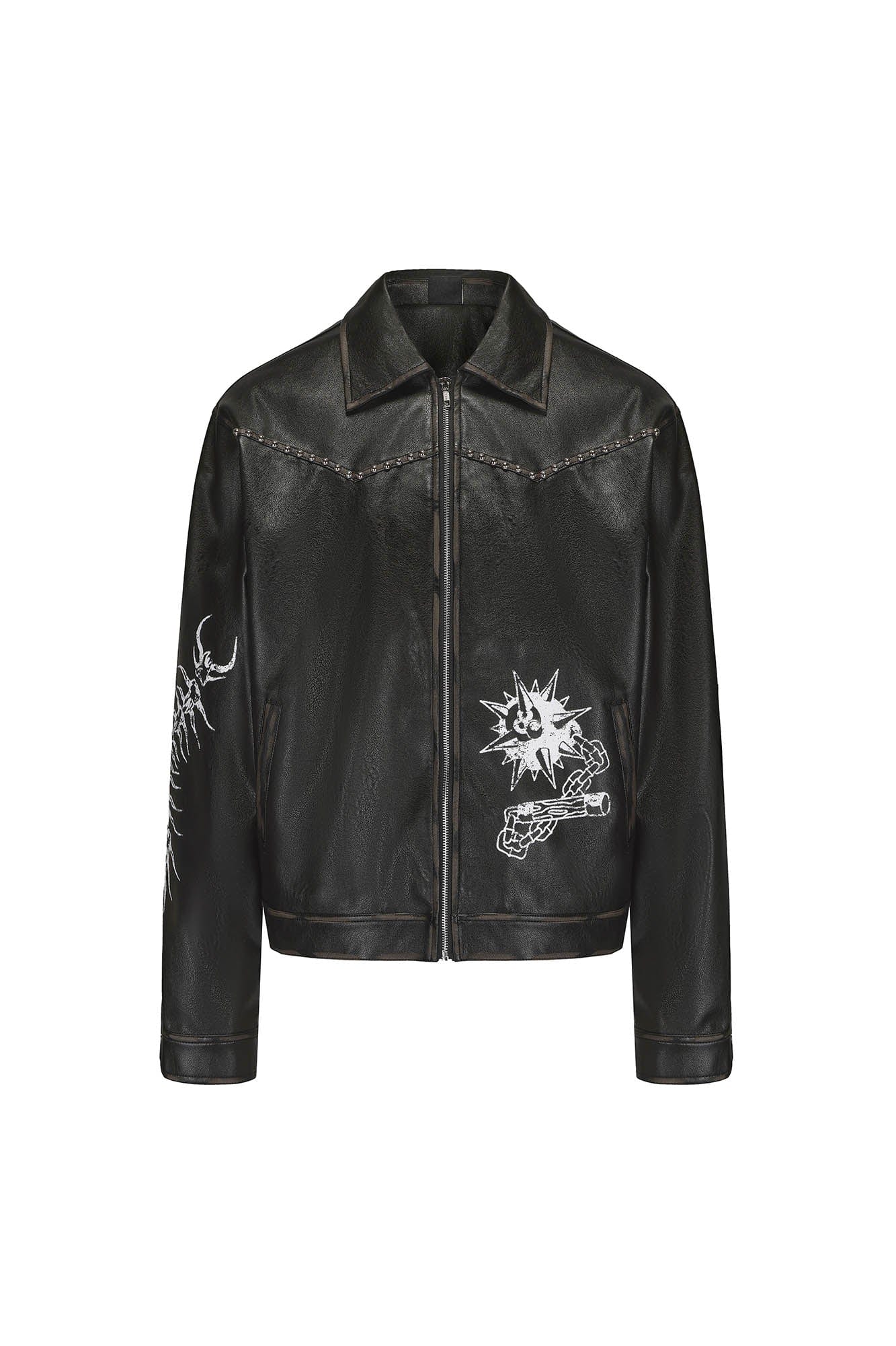 BLACK8MOB Distressed Graphics Faded Studded Leather Jacket, premium urban and streetwear designers apparel on PROJECTISR.com, BLACK8MOB