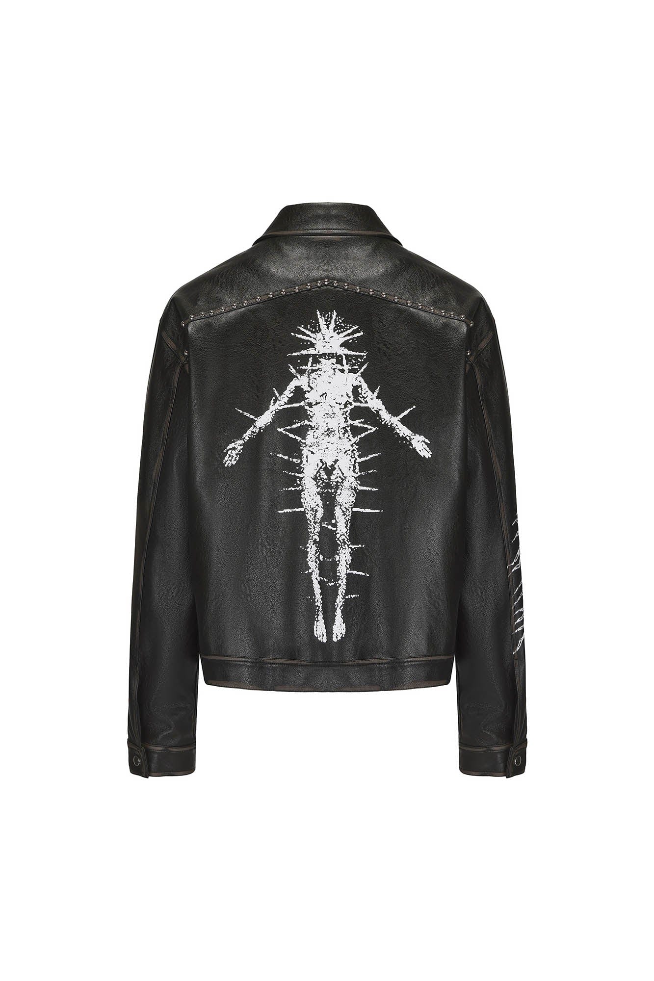 BLACK8MOB Distressed Graphics Faded Studded Leather Jacket, premium urban and streetwear designers apparel on PROJECTISR.com, BLACK8MOB