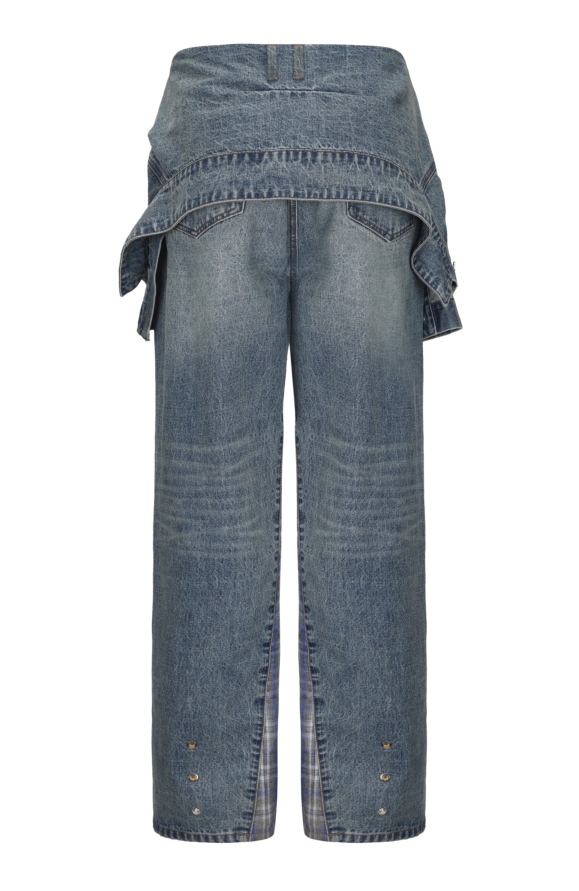 INTERRUPT Plaid Spliced Faux Two-Piece Wide-Leg Jeans