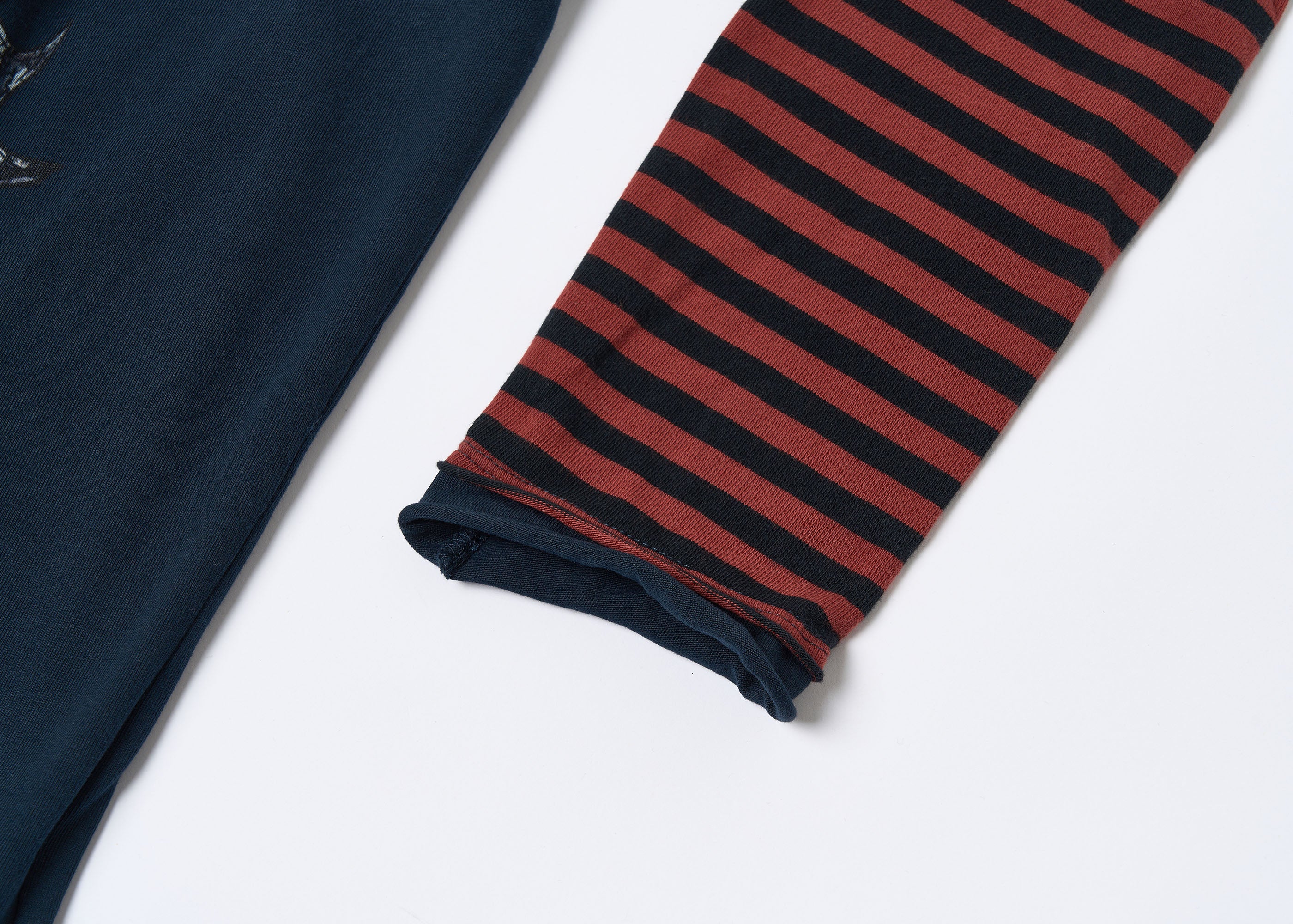 SAXGENWON Distressed Striped Fake Two-Piece Long-Sleeve Tee
