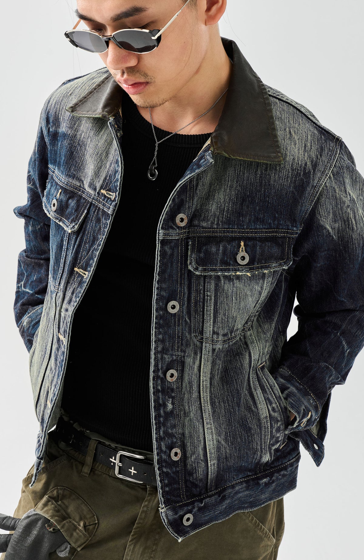 NEIGBORL Washed Faux Leather Collar Denim Jacket