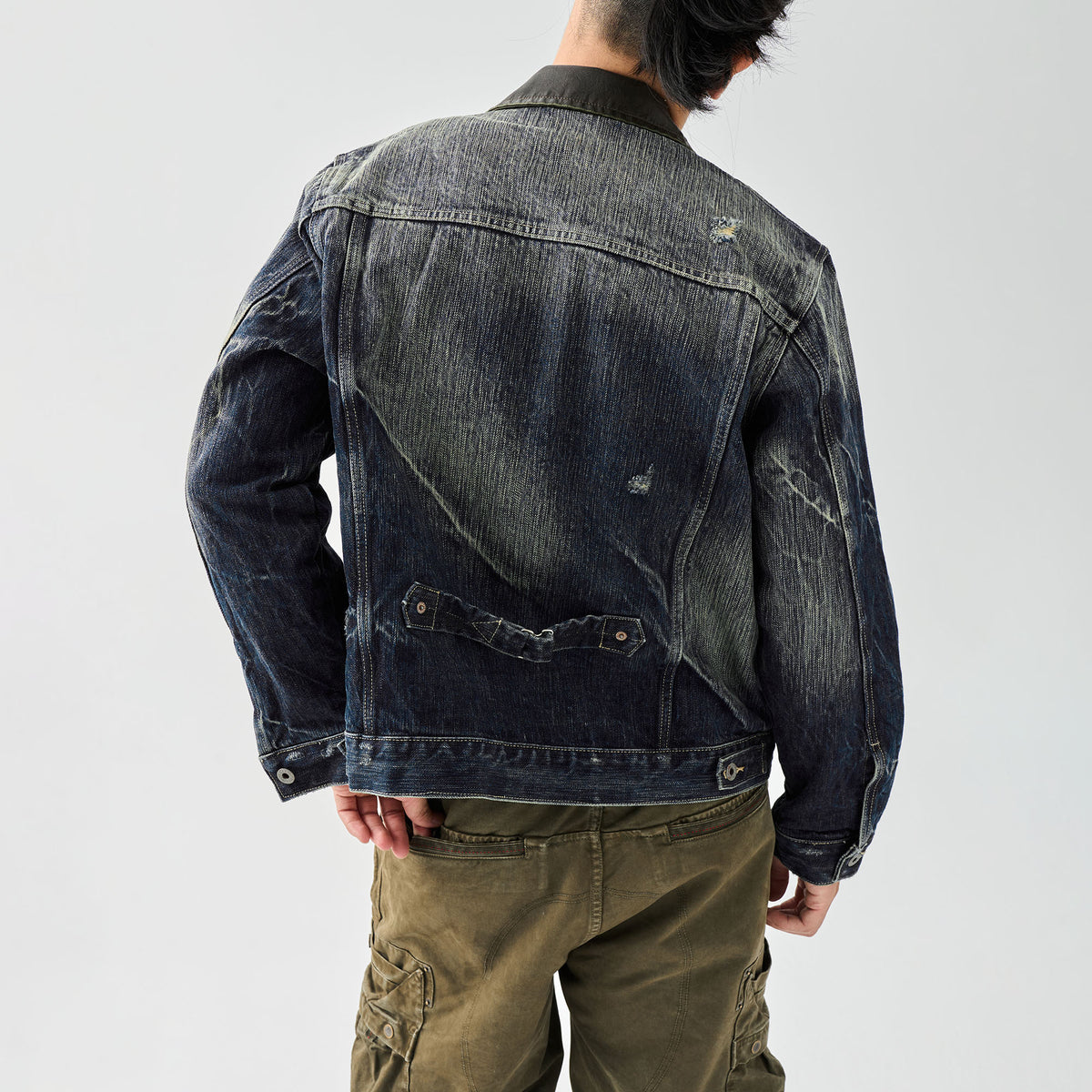 NEIGBORL Washed Faux Leather Collar Denim Jacket