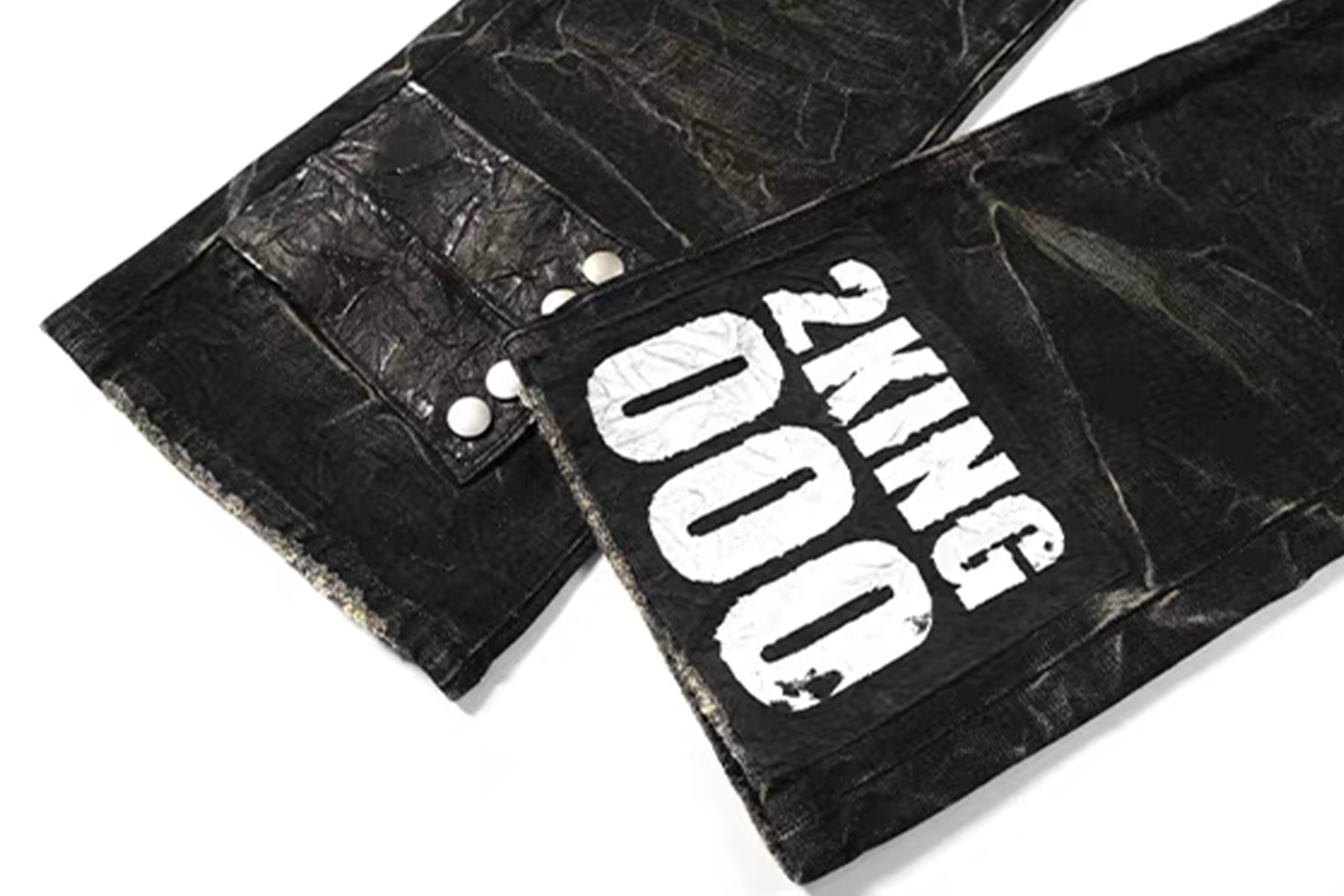 NOTHINGNESS WORLD Distressed Ripple-Wash Graphic Denim Pants, premium urban and streetwear designers apparel on PROJECTISR.com, NOTHINGNESS WORLD