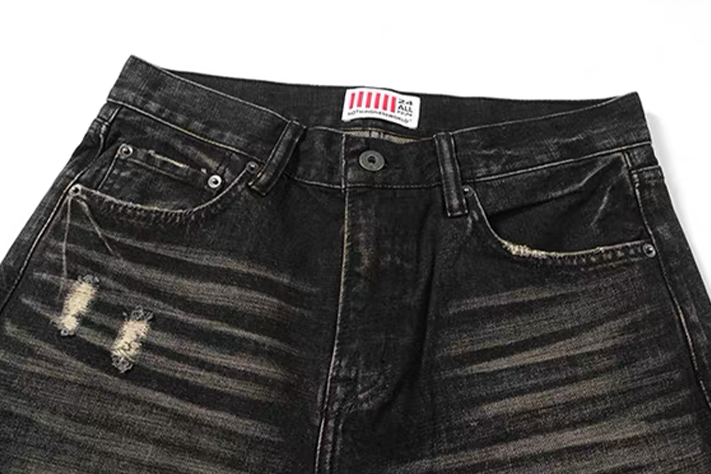 NOTHINGNESS WORLD Distressed Ripple-Wash Graphic Denim Pants, premium urban and streetwear designers apparel on PROJECTISR.com, NOTHINGNESS WORLD